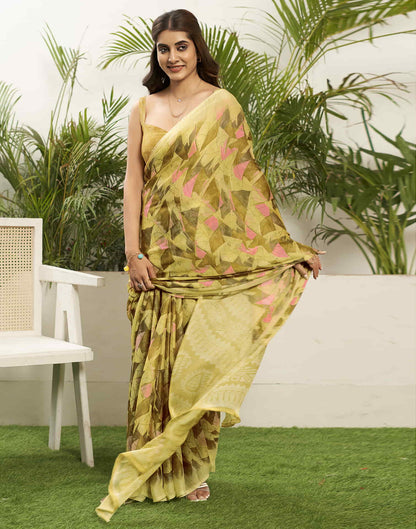 Light Yellow Chiffon Printed Saree