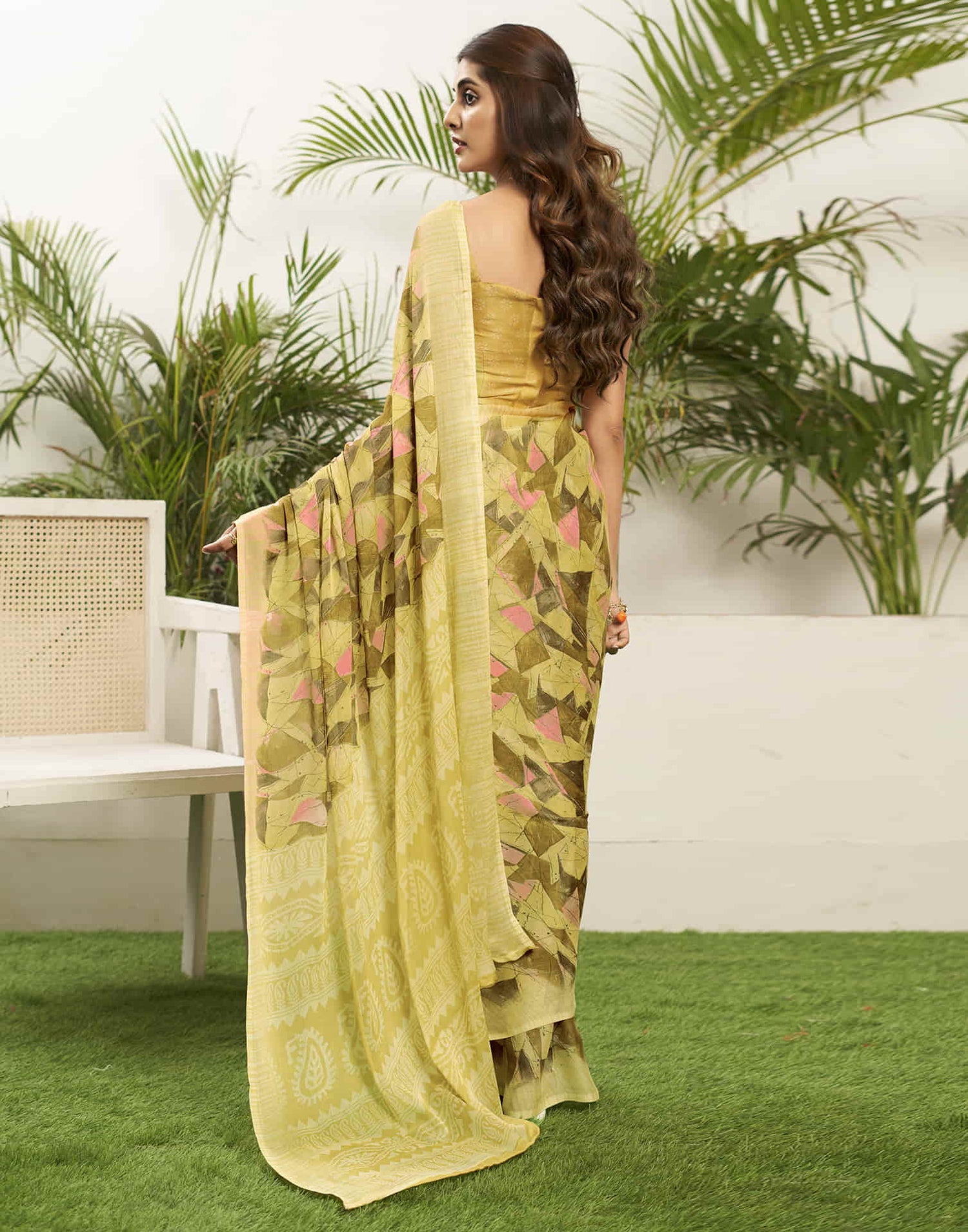 Light Yellow Chiffon Printed Saree