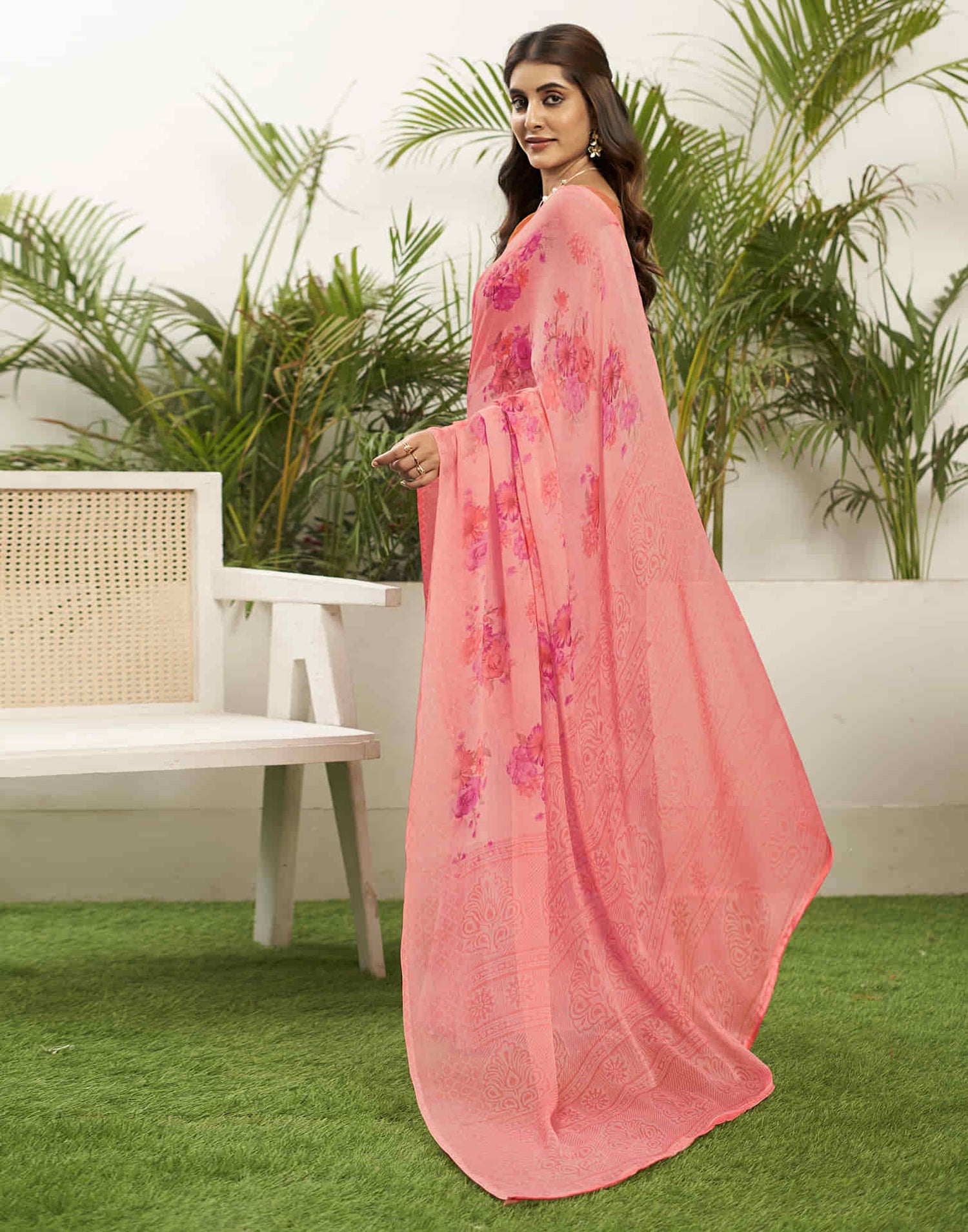 Light Punch Pink Chiffon Printed Saree