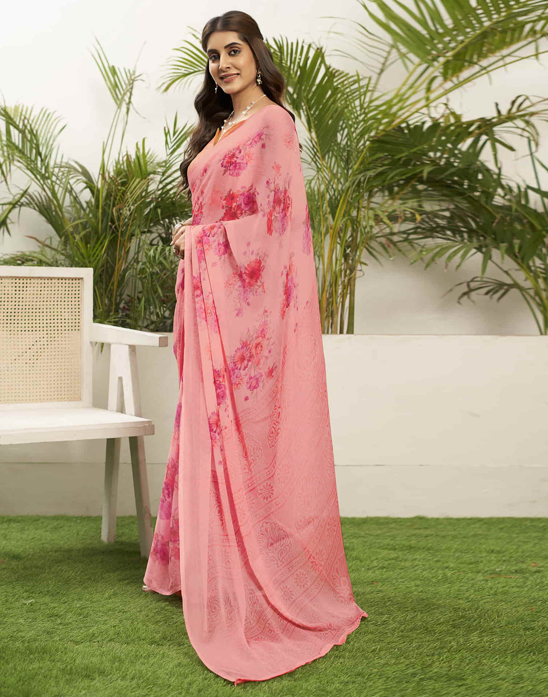 Light Punch Pink Chiffon Printed Saree