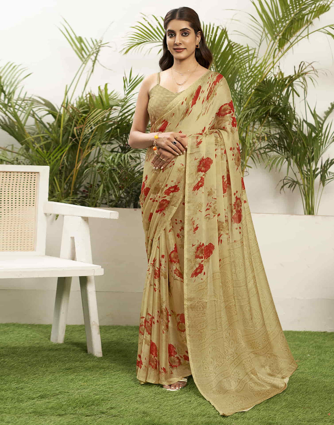 Khaki Chiffon Printed Saree