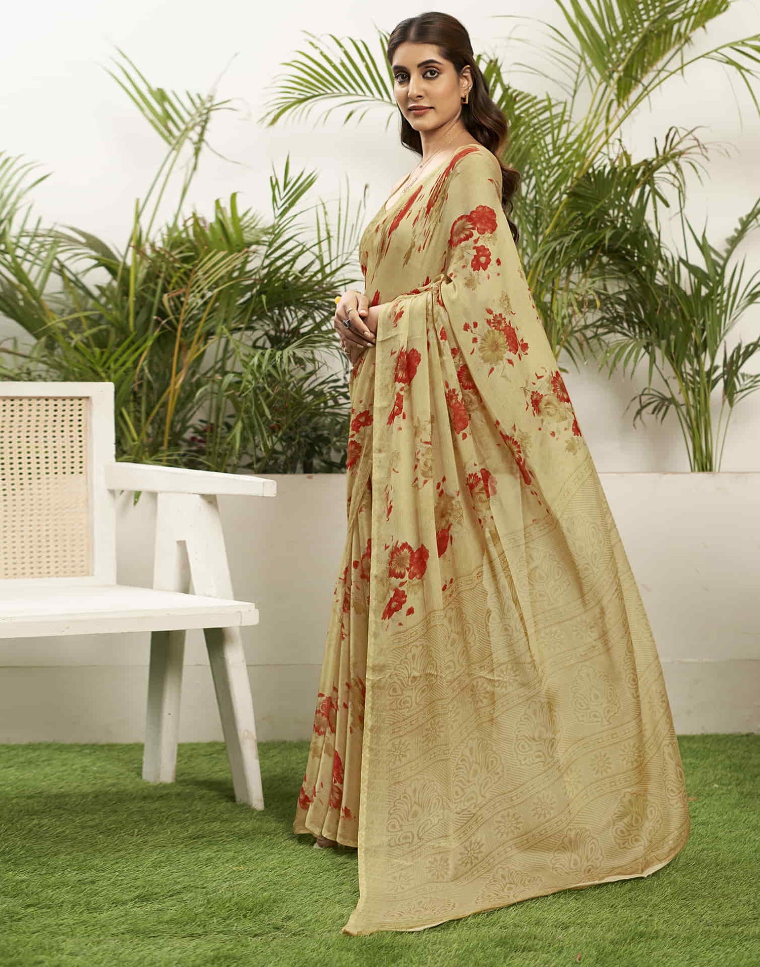 Khaki Chiffon Printed Saree