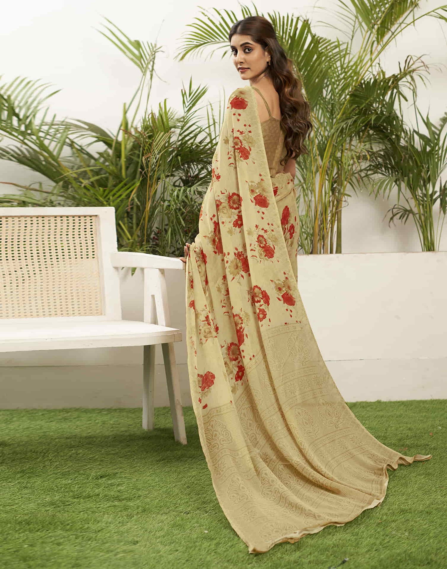 Khaki Chiffon Printed Saree