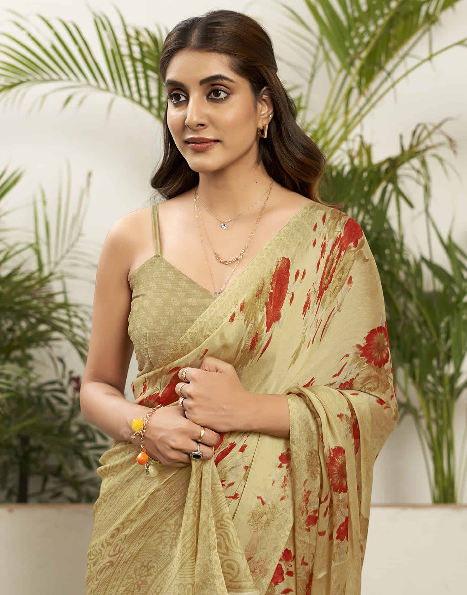 Khaki Chiffon Printed Saree