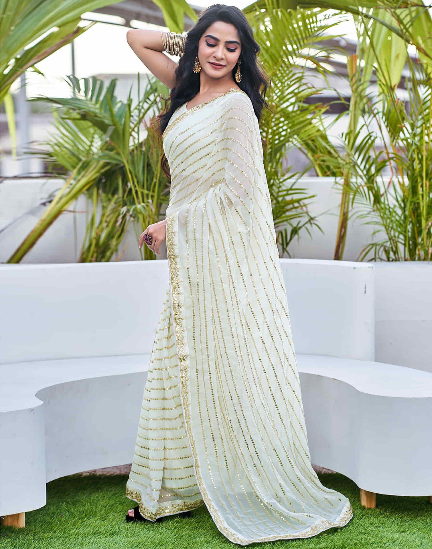 Off White Georgette Sequence Saree