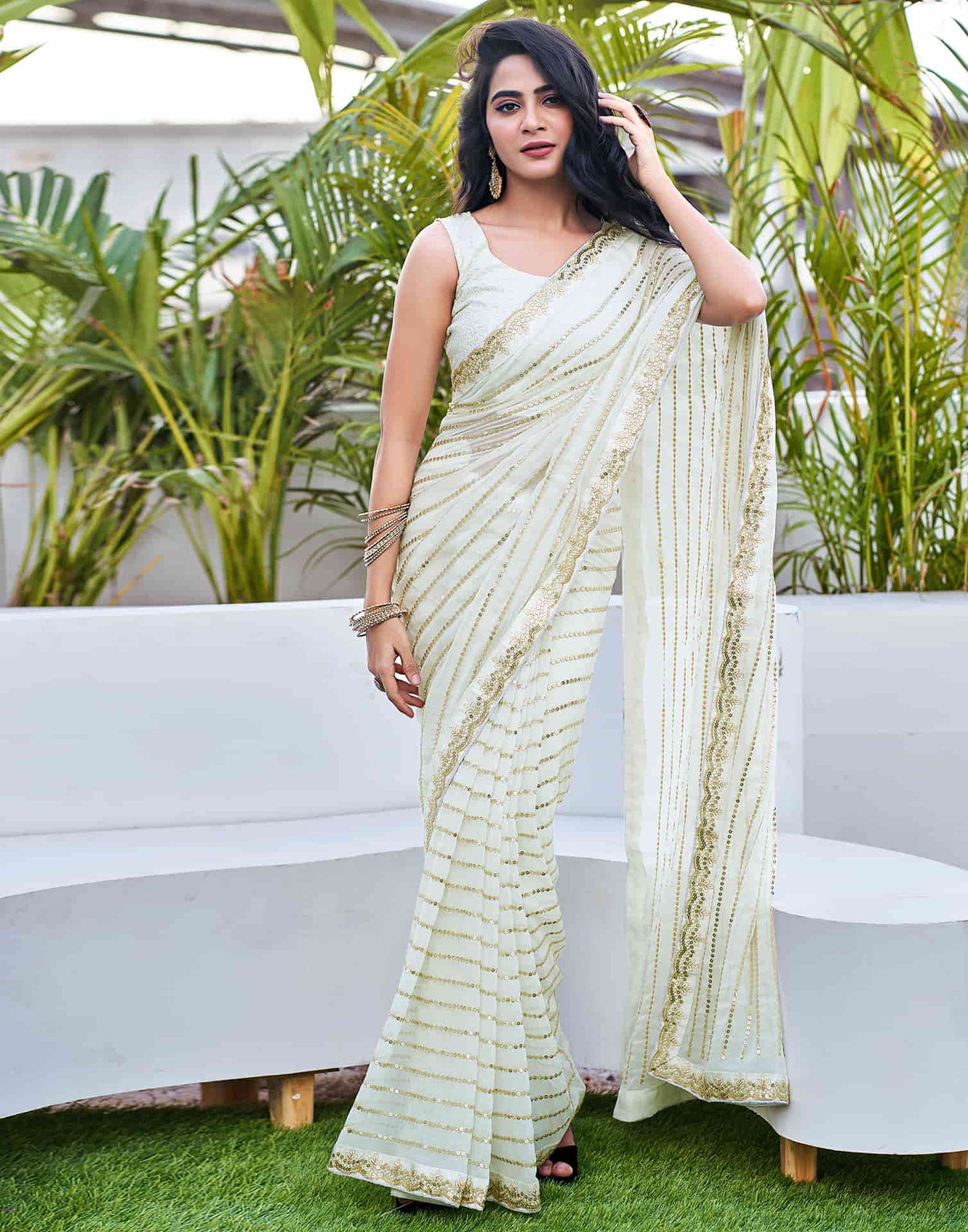 Off White Georgette Sequence Saree