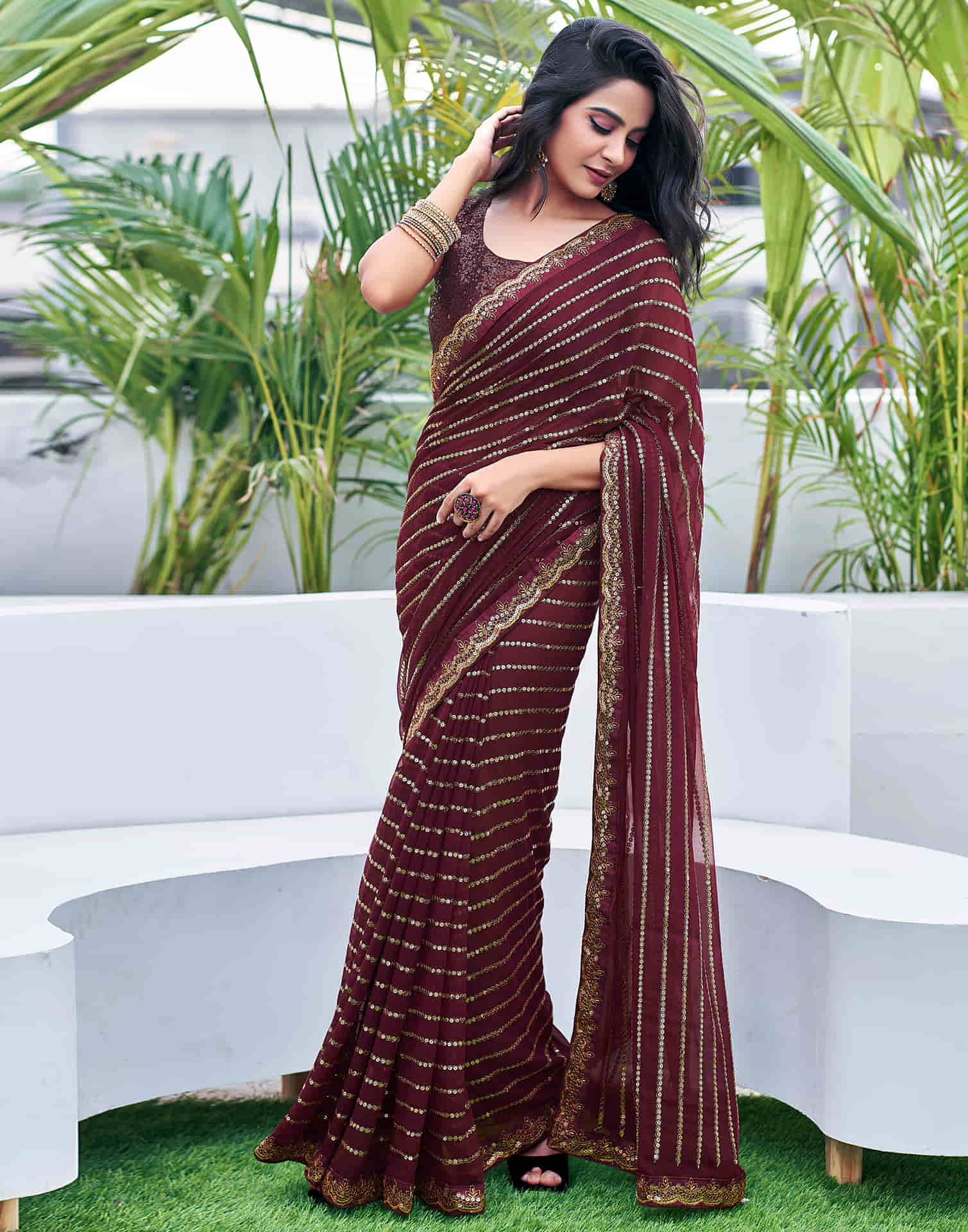 Brown Georgette Sequence Saree