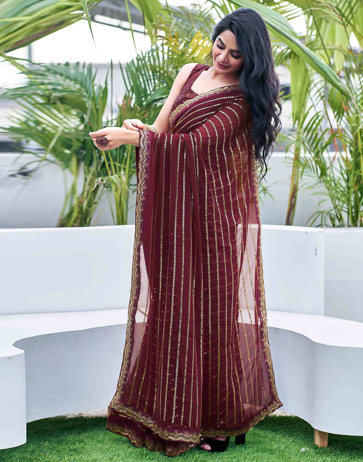 Brown Georgette Sequence Saree