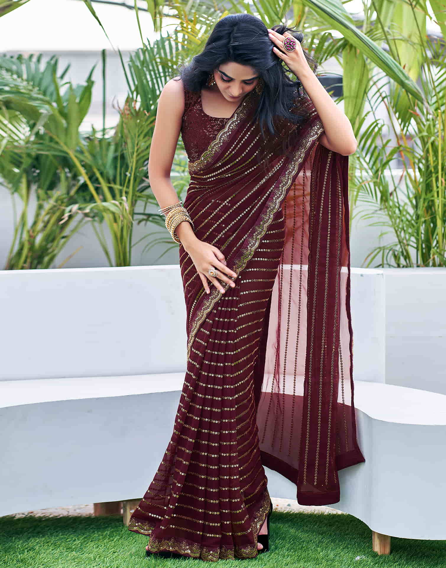 Brown Georgette Sequence Saree