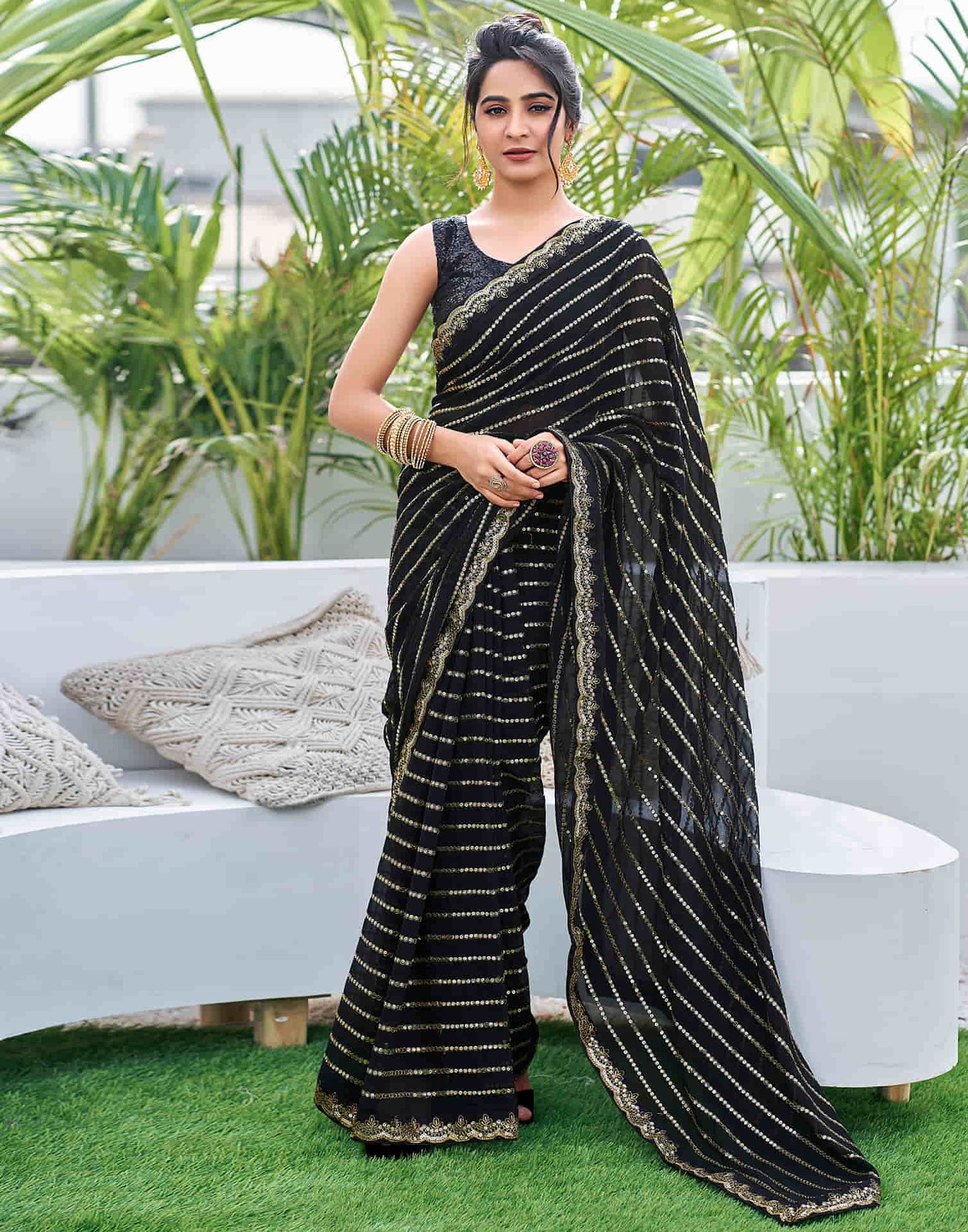 Black Georgette Sequence Saree