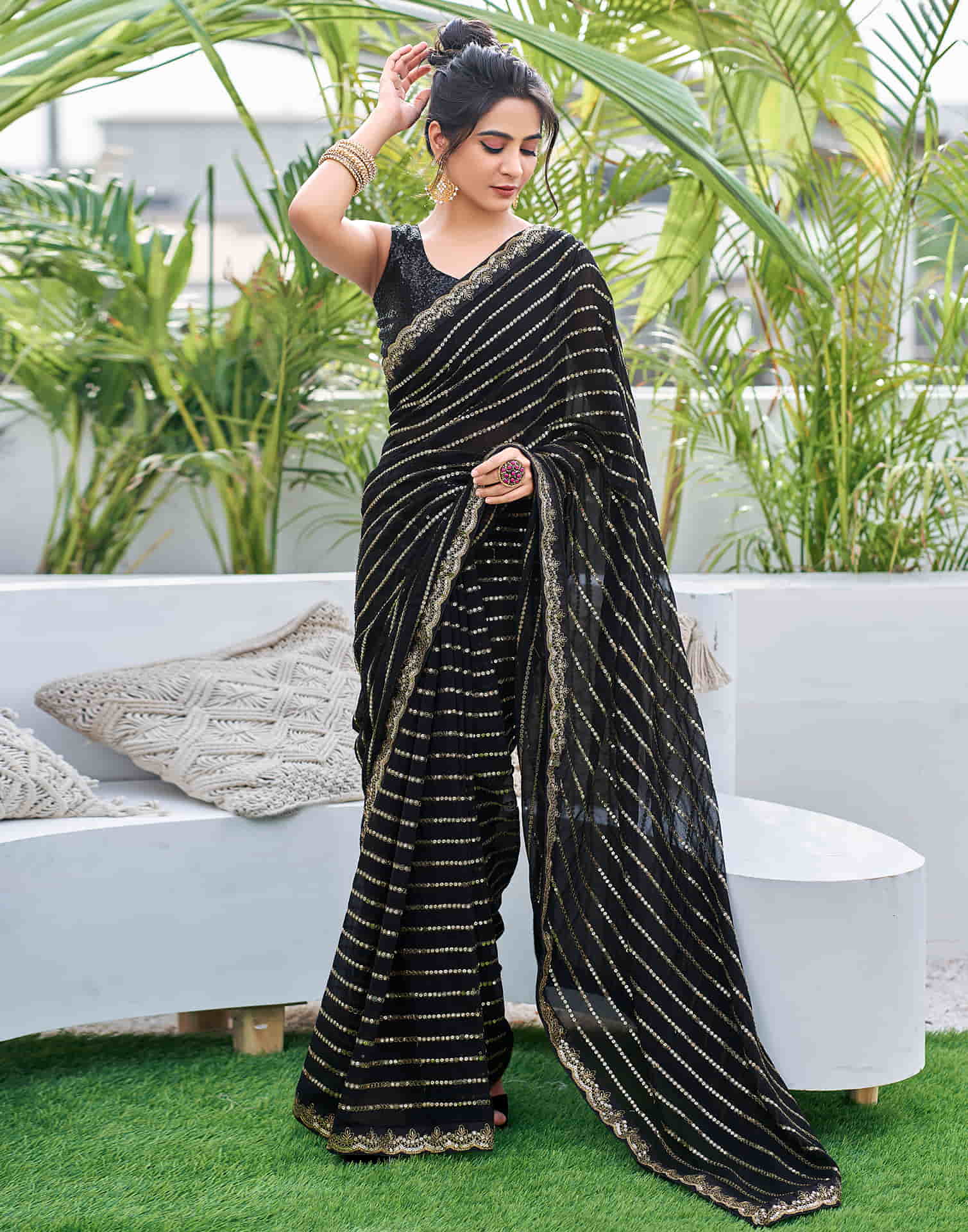 Black Georgette Sequence Saree