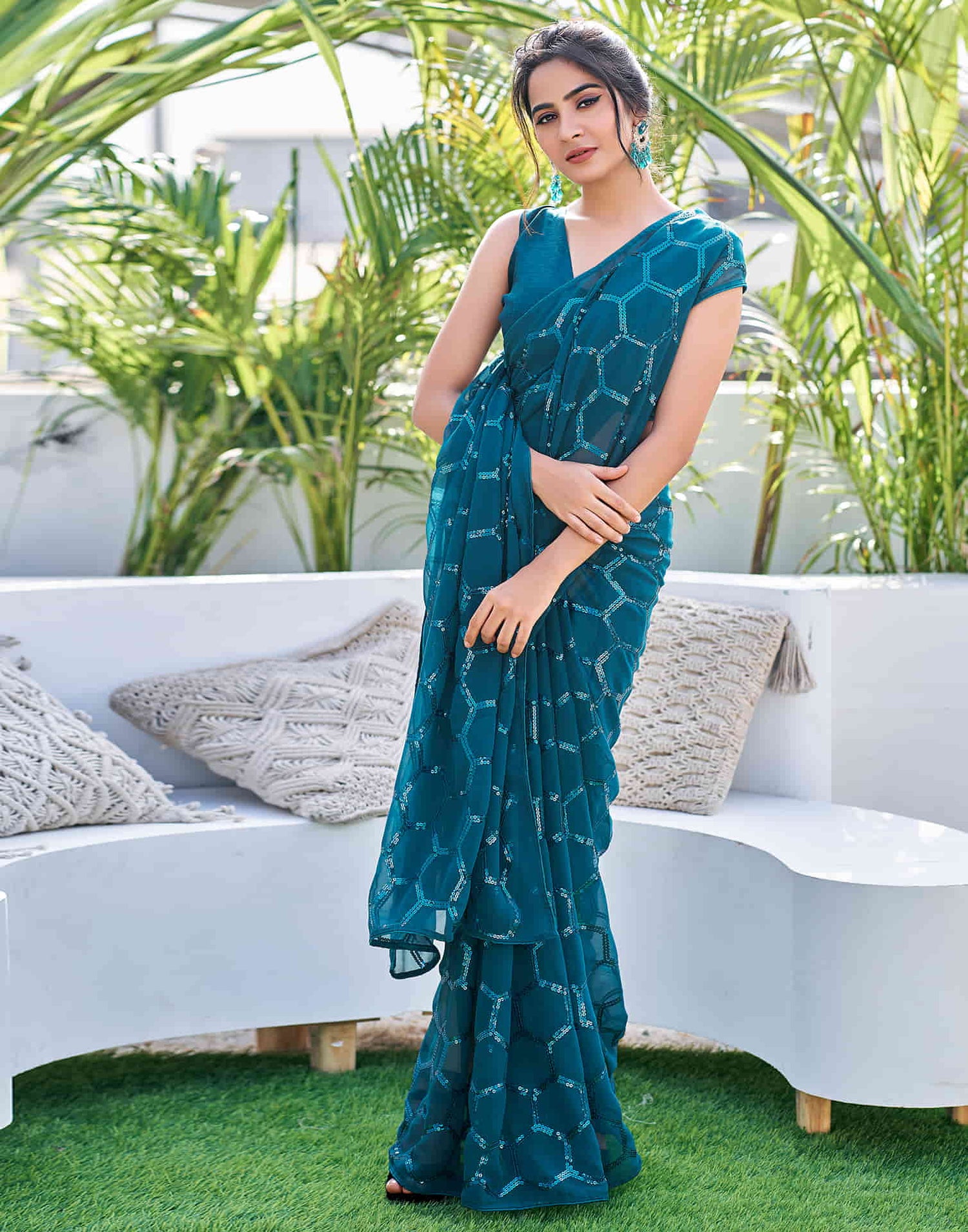 Rama Blue Georgette Sequence Saree