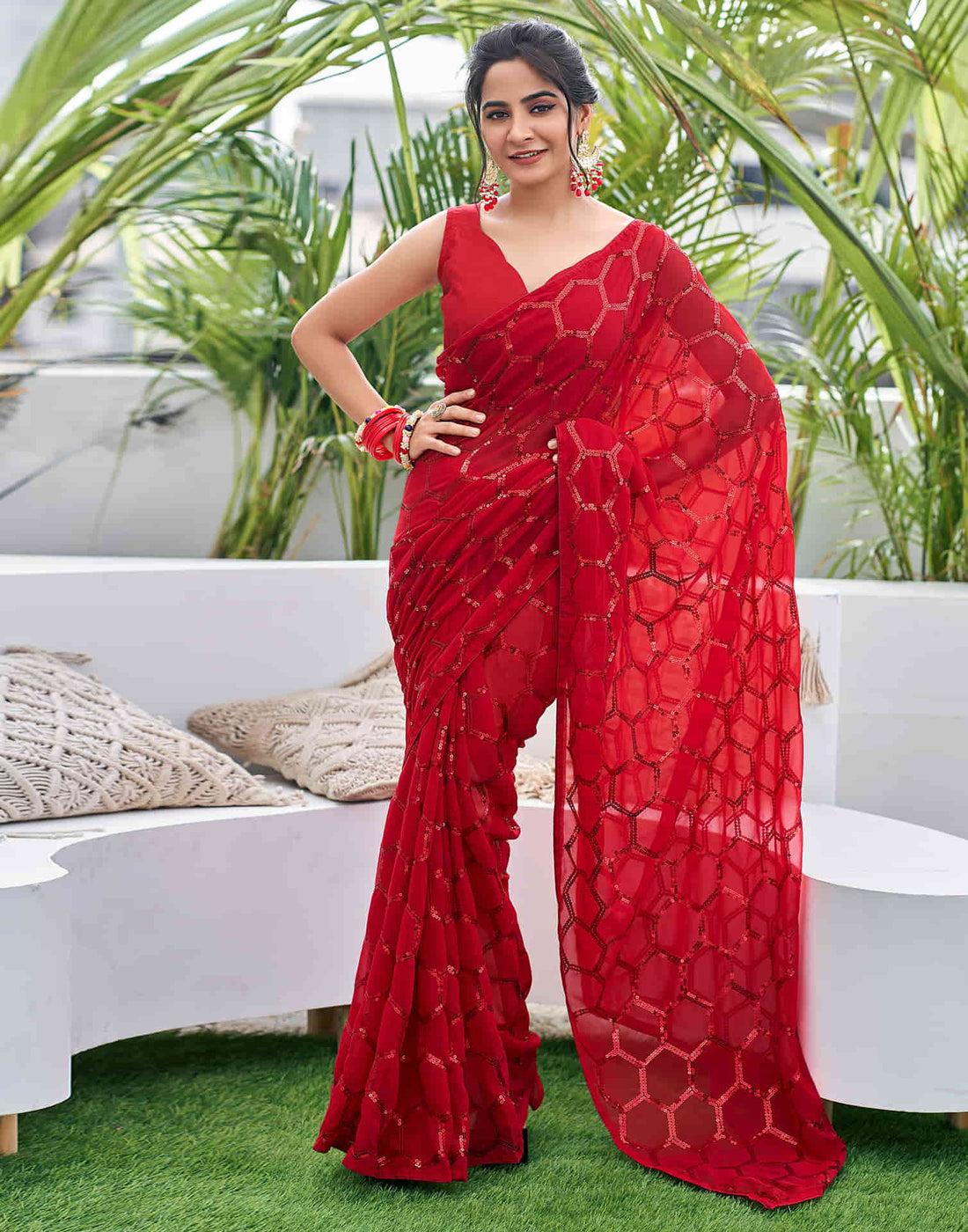 Red Georgette Sequence Saree