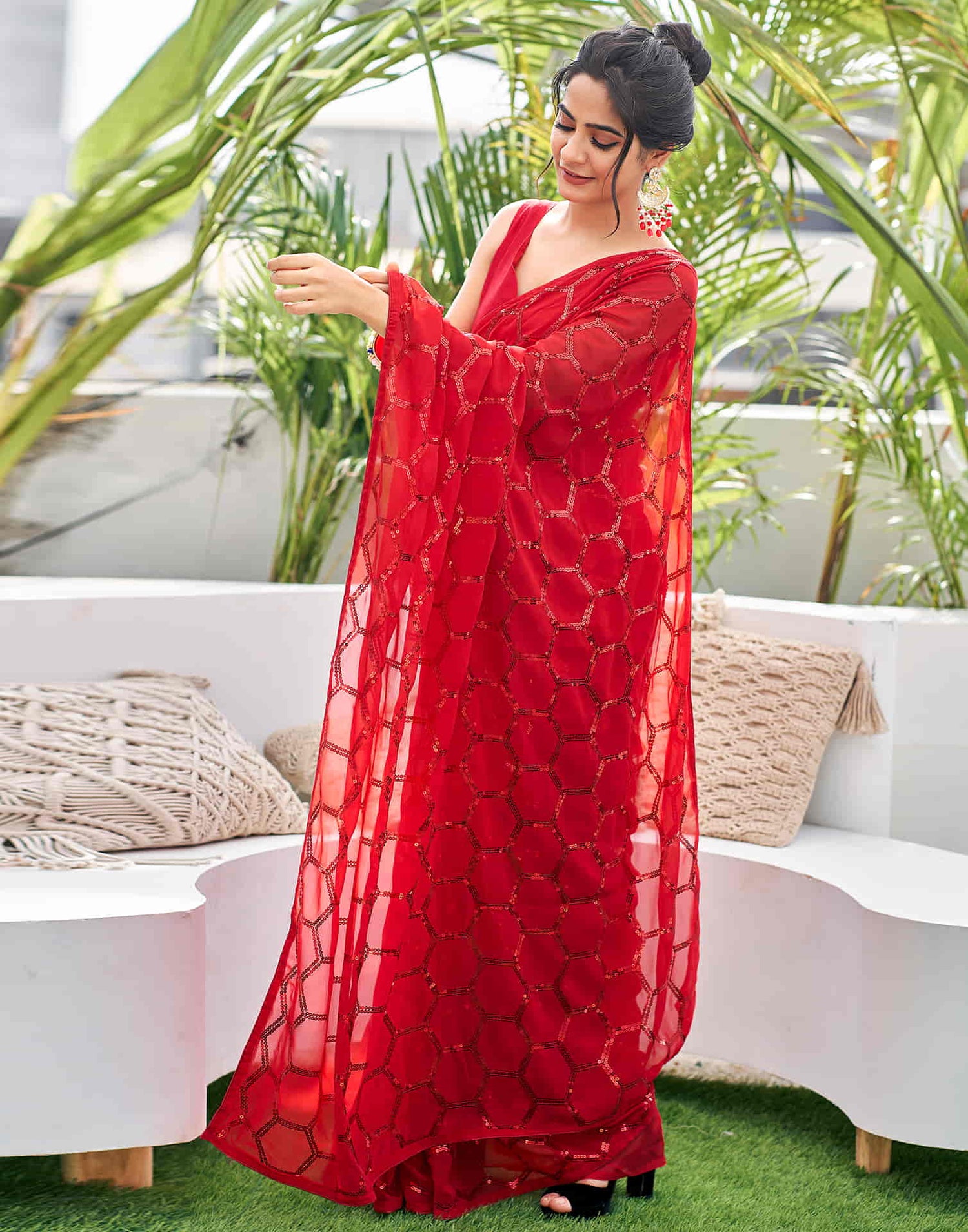 Red Georgette Sequence Saree