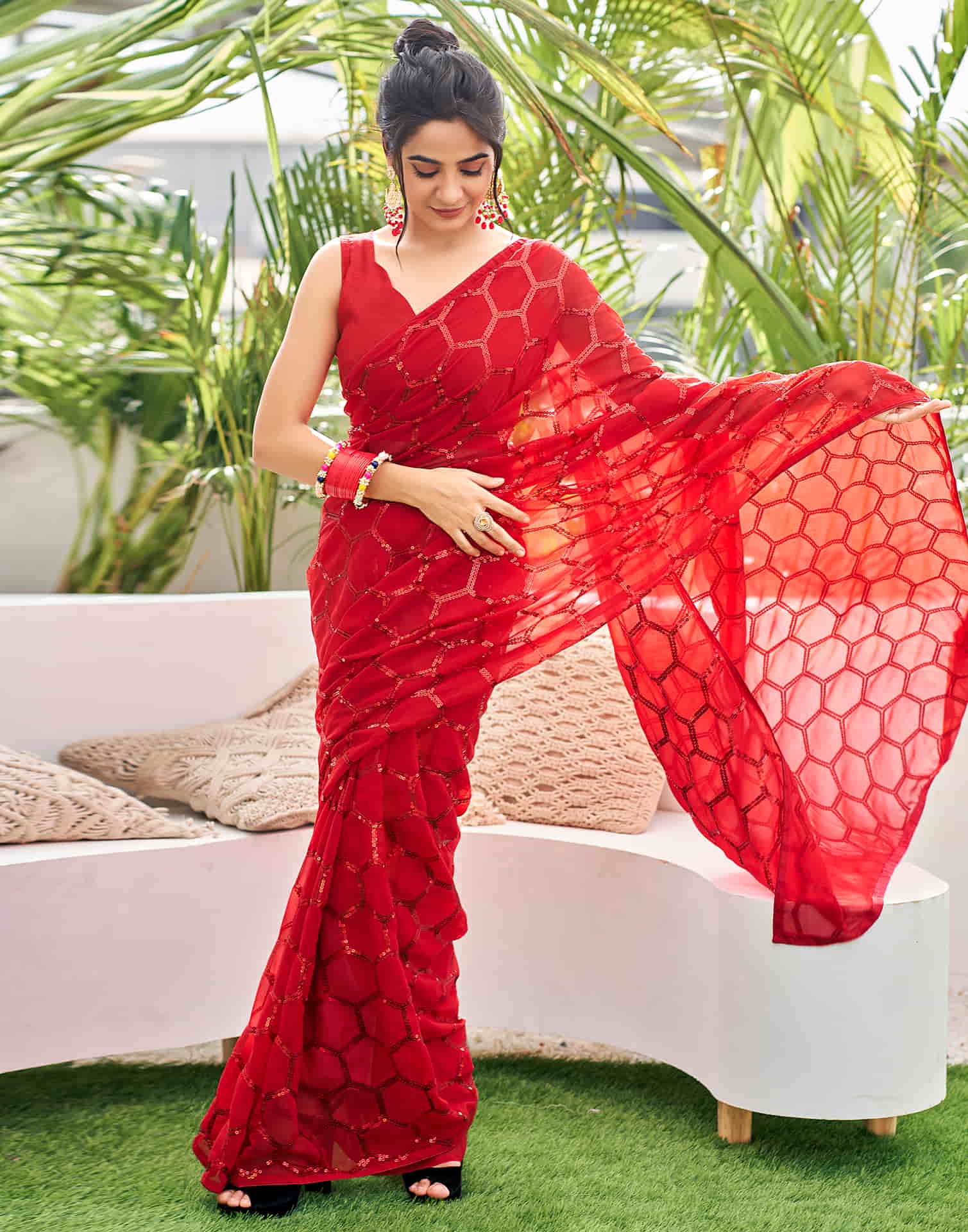 Red Georgette Sequence Saree