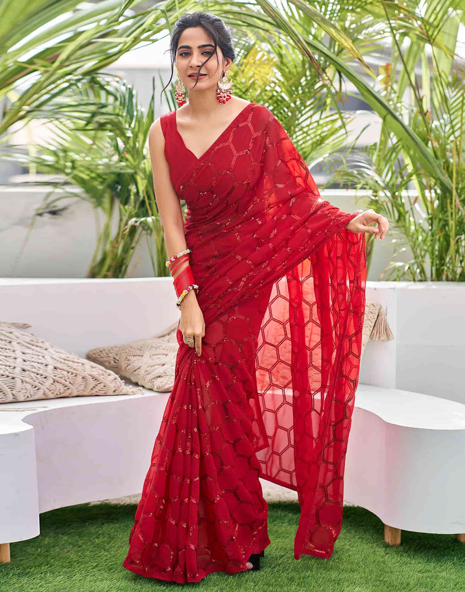 Red Georgette Sequence Saree