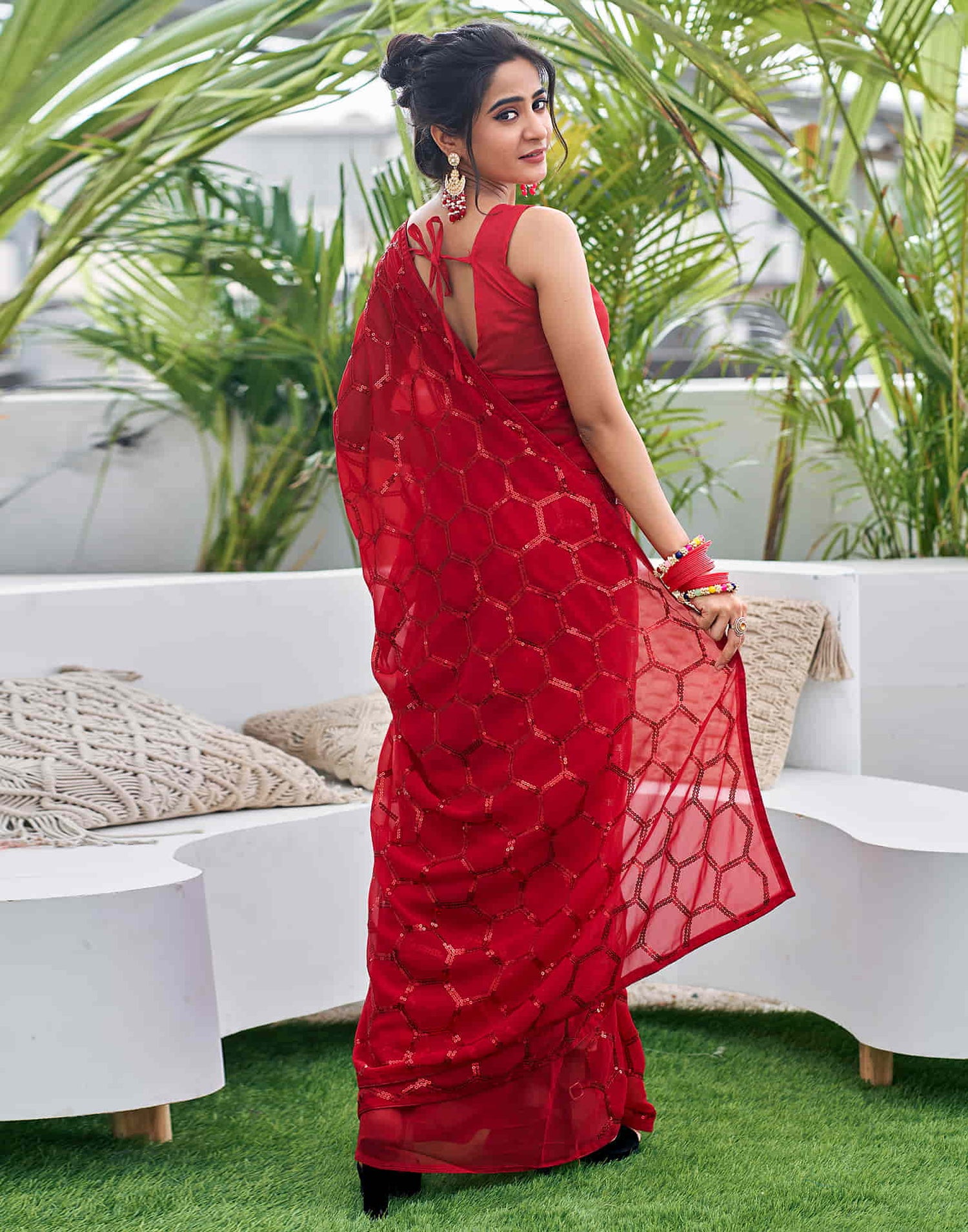 Red Georgette Sequence Saree