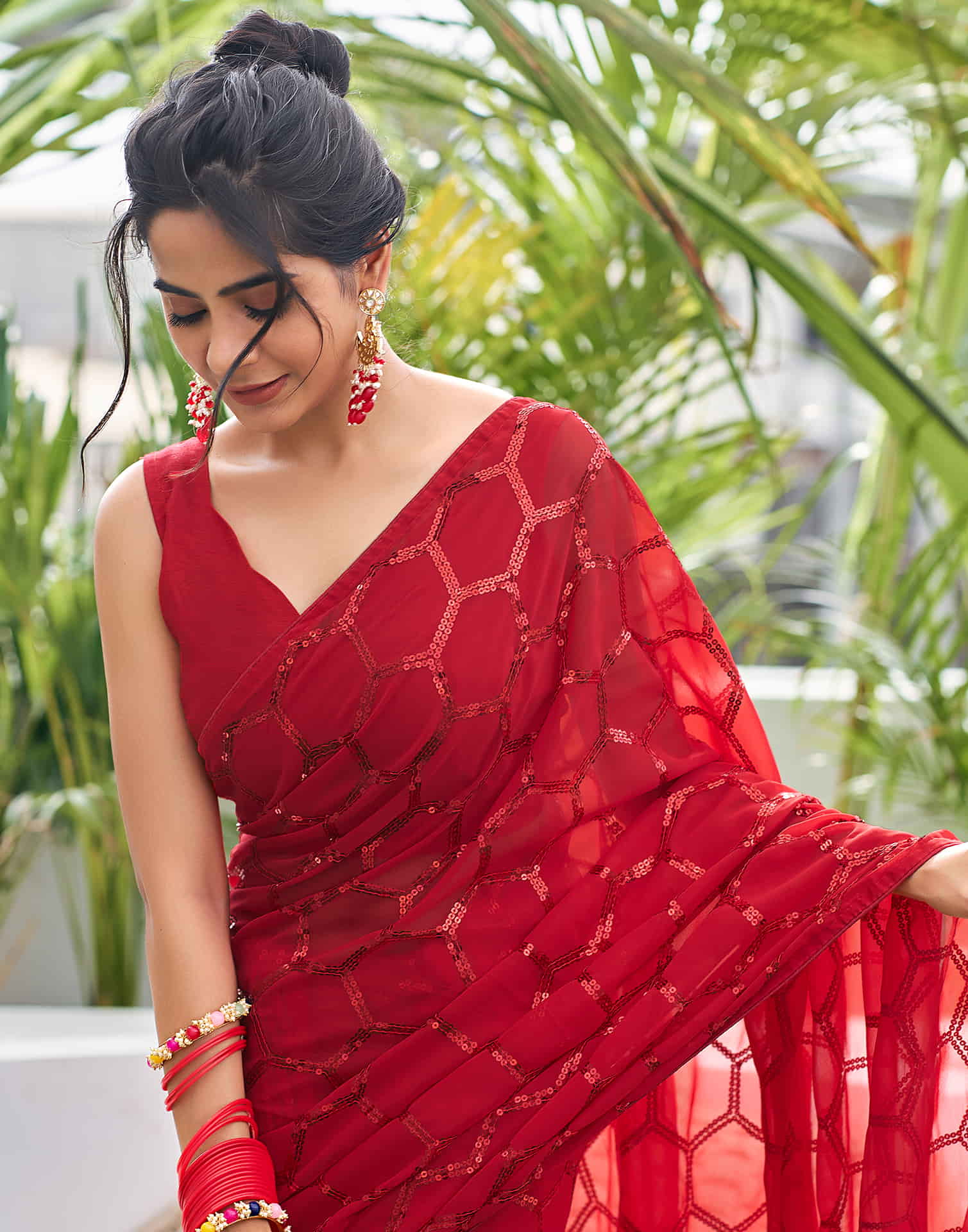 Red Georgette Sequence Saree