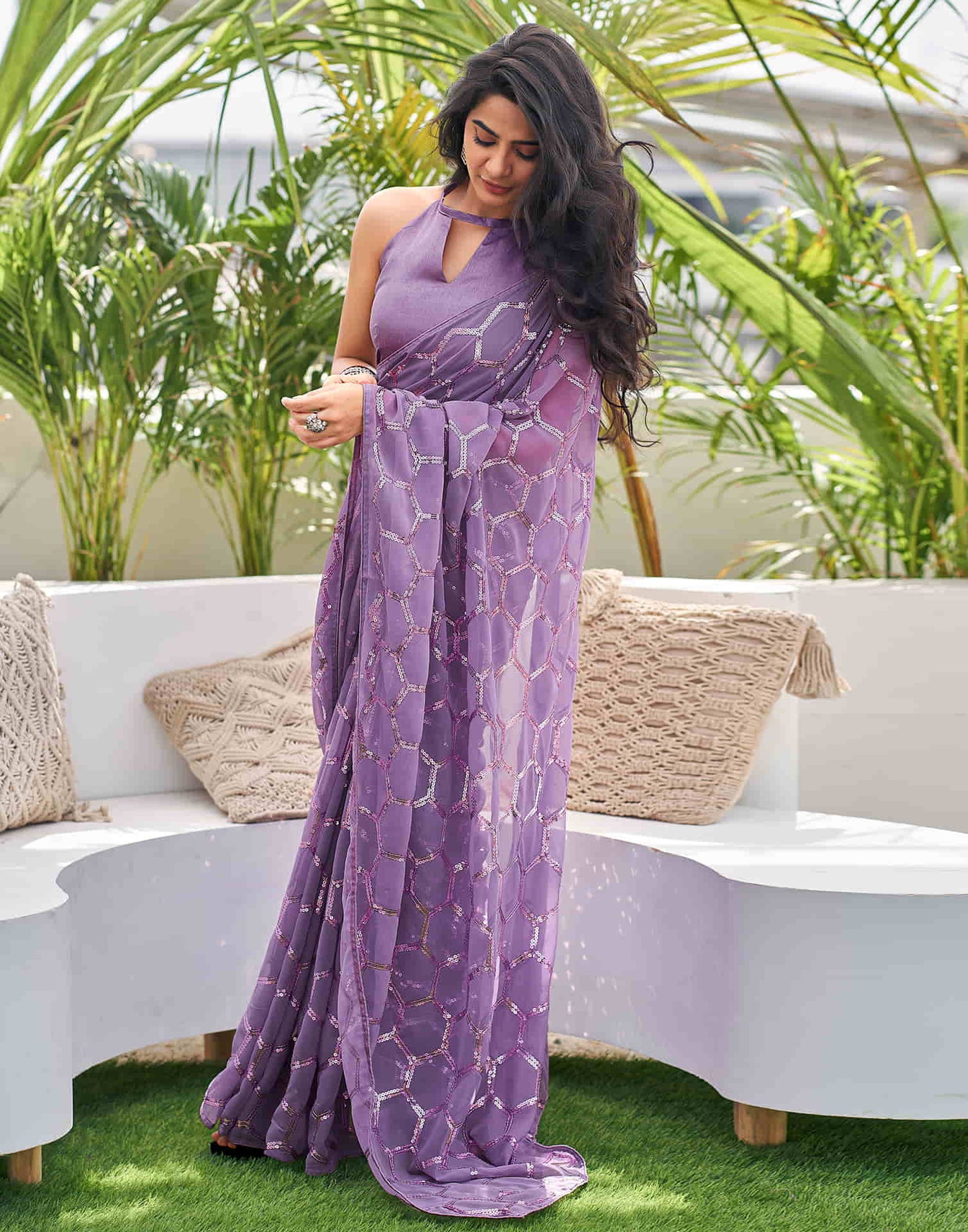 Dusty Lavender Georgette Sequence Saree