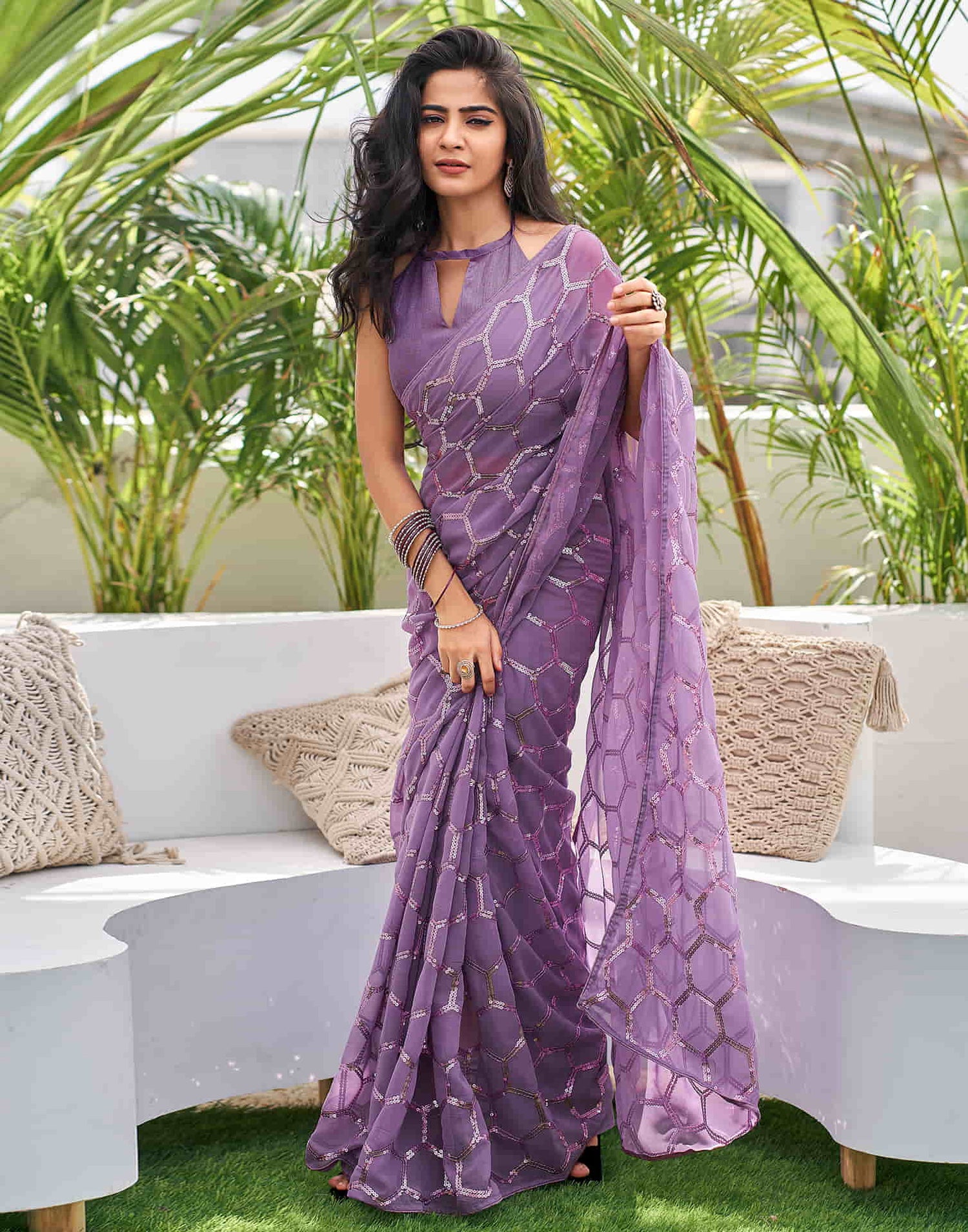 Dusty Lavender Georgette Sequence Saree