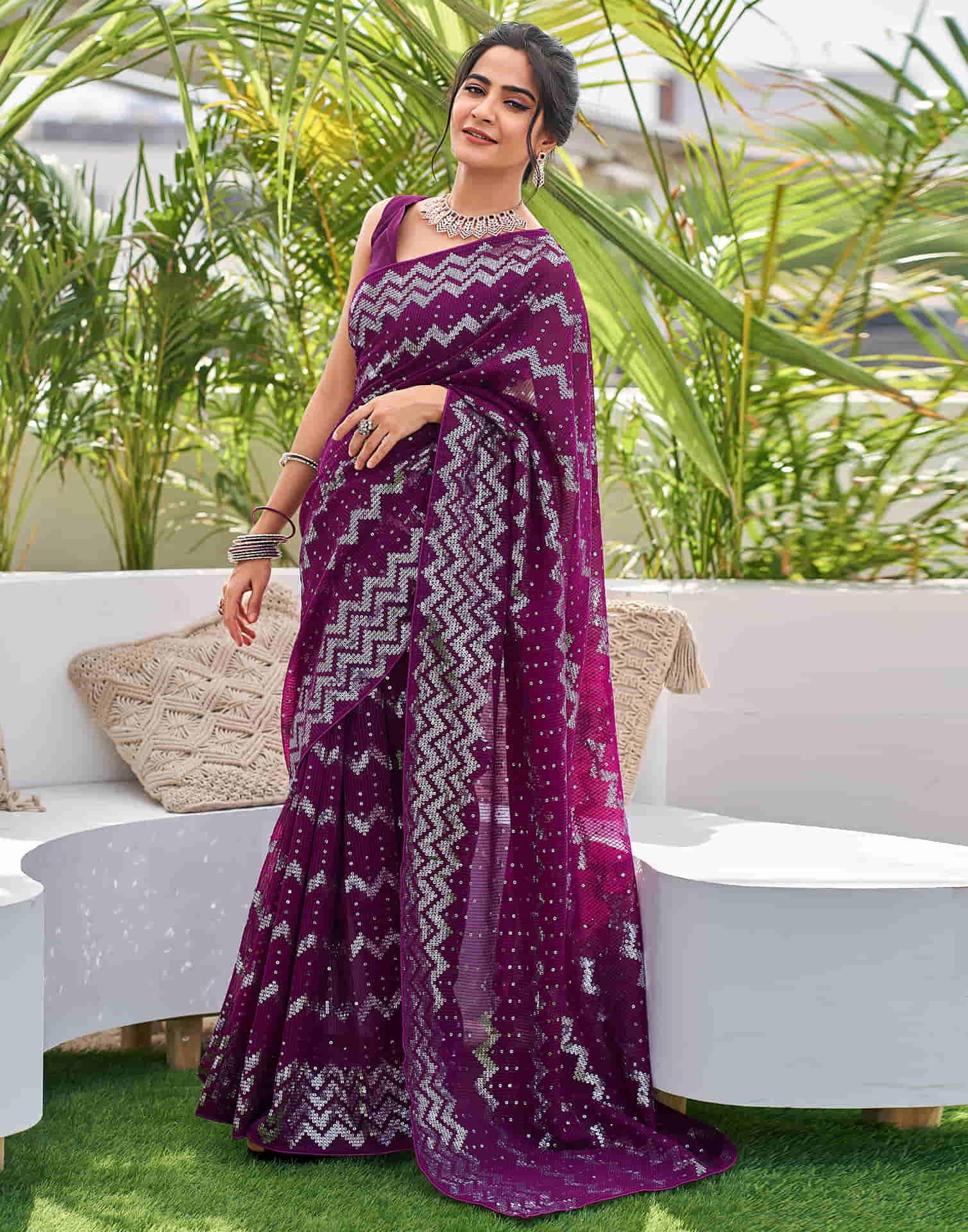 Dark Purple Georgette Sequence Saree