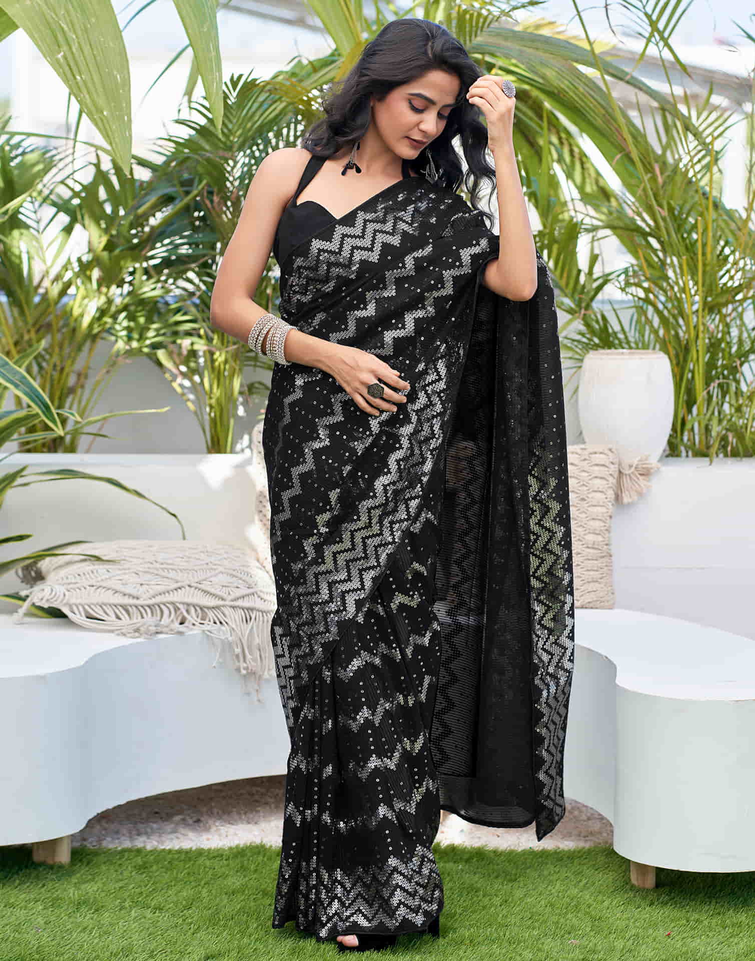 Black Georgette Sequence Saree