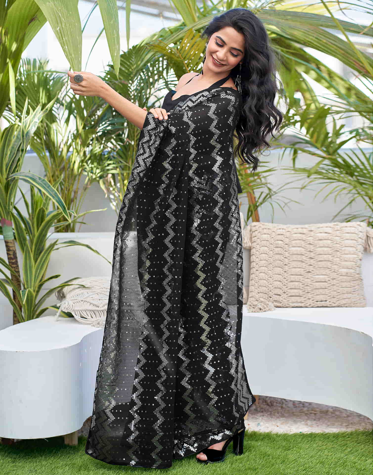 Black Georgette Sequence Saree