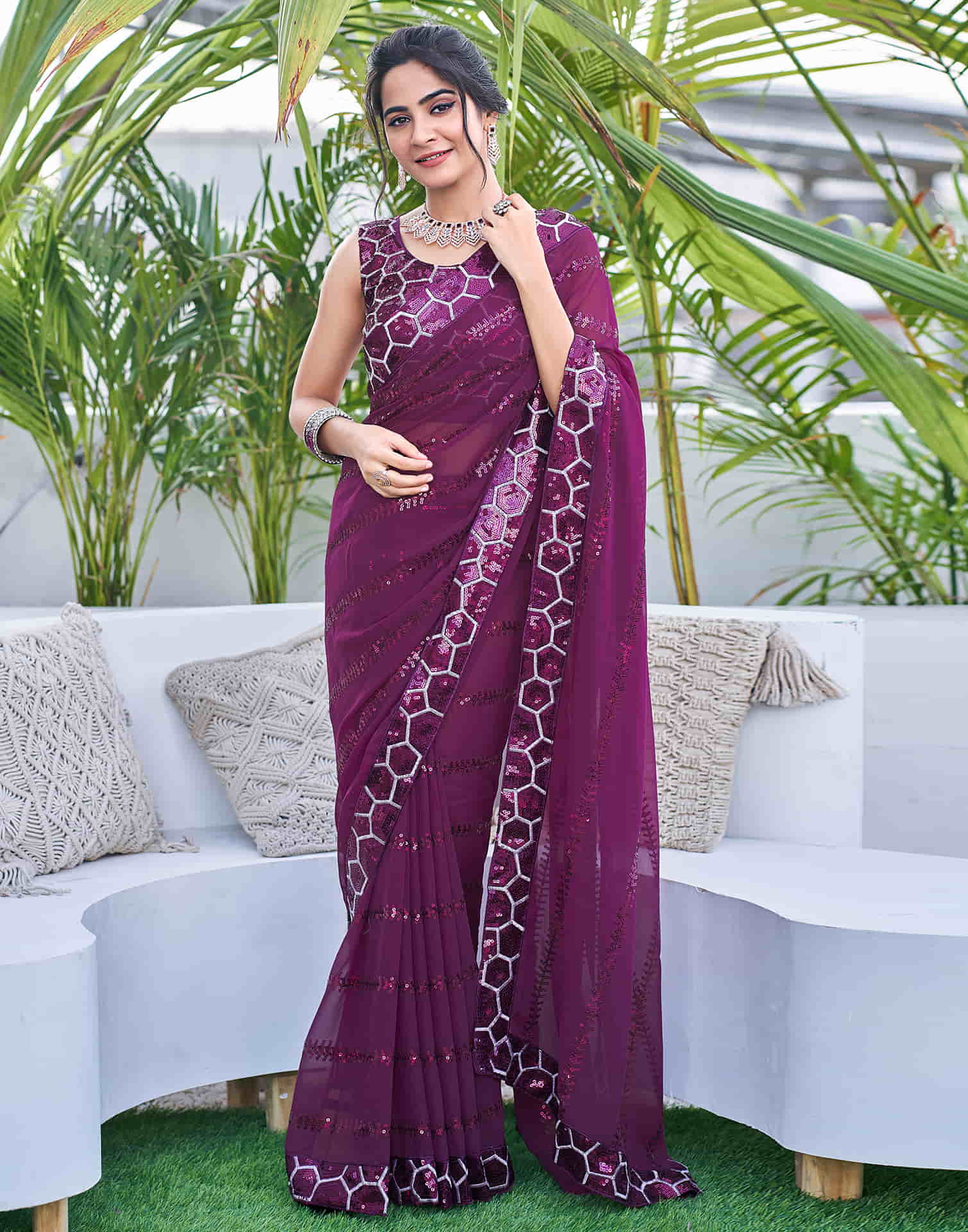 Dark Purple Georgette Sequence Saree