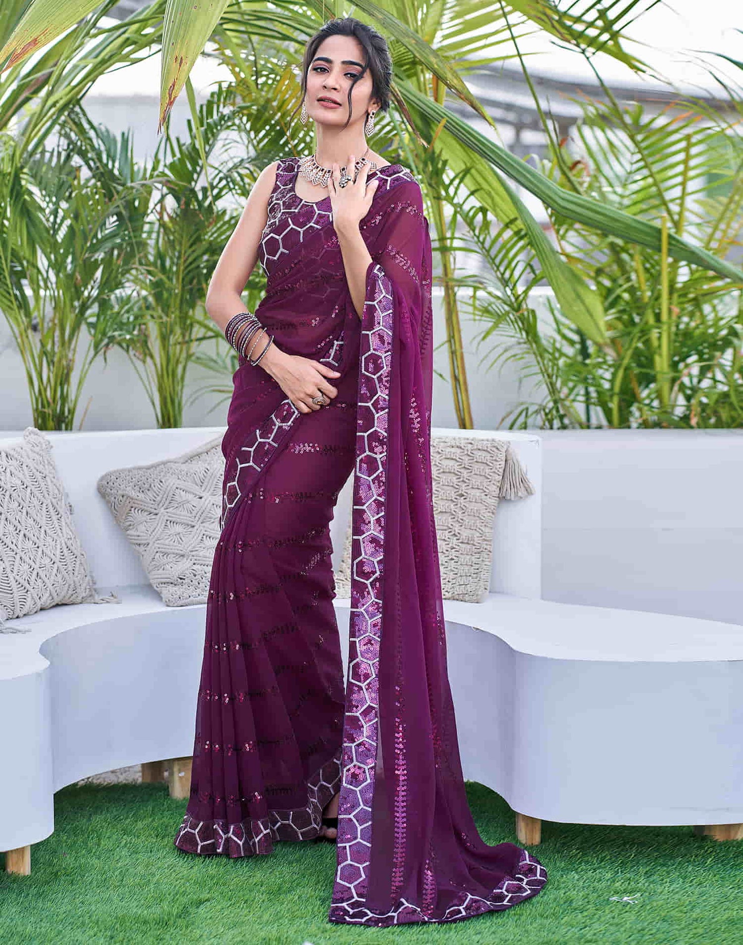 Dark Purple Georgette Sequence Saree