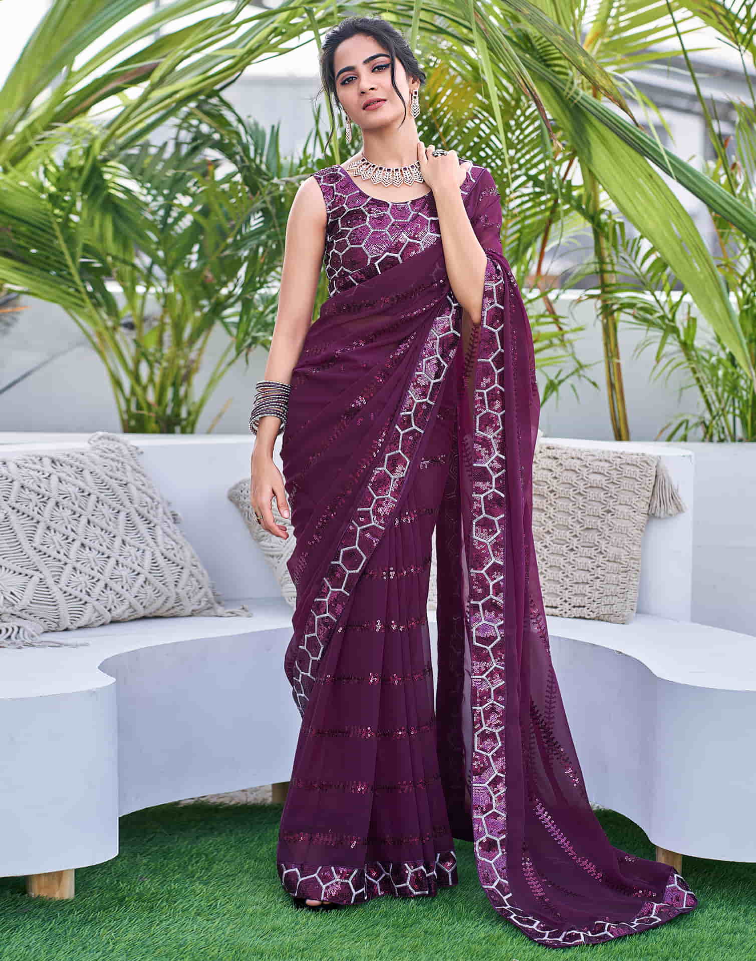 Dark Purple Georgette Sequence Saree