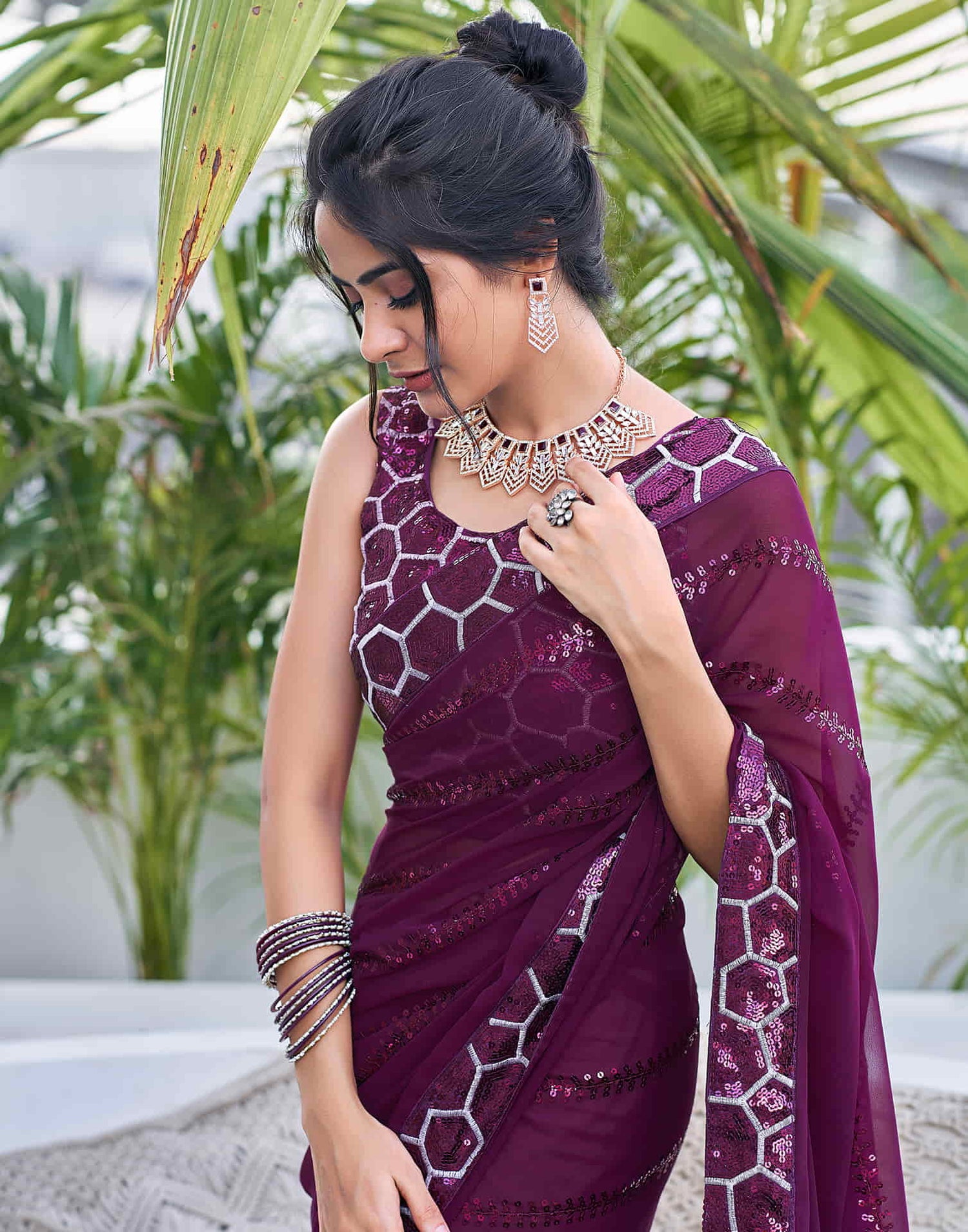 Dark Purple Georgette Sequence Saree