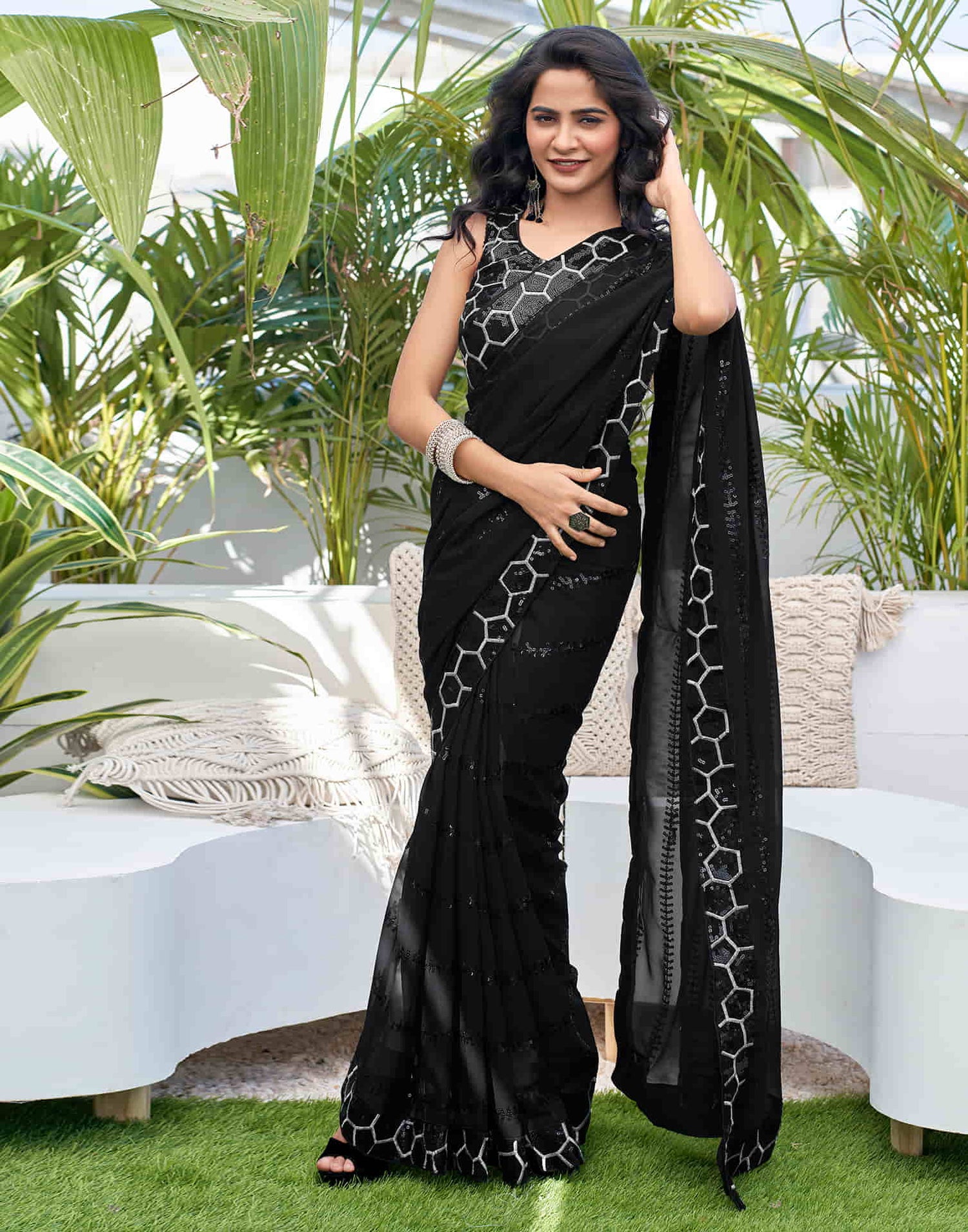 Black Georgette Sequence Saree