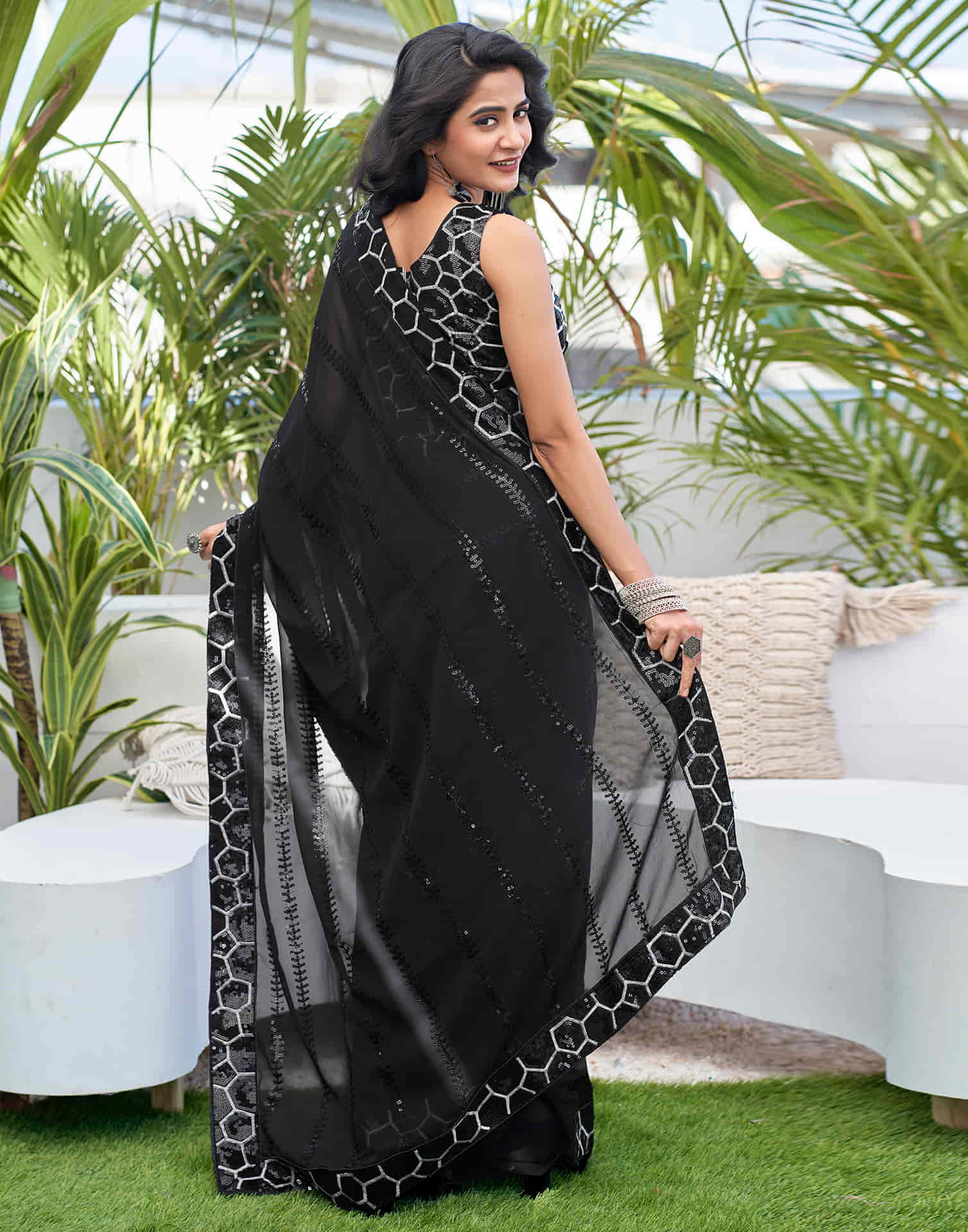 Black Georgette Sequence Saree