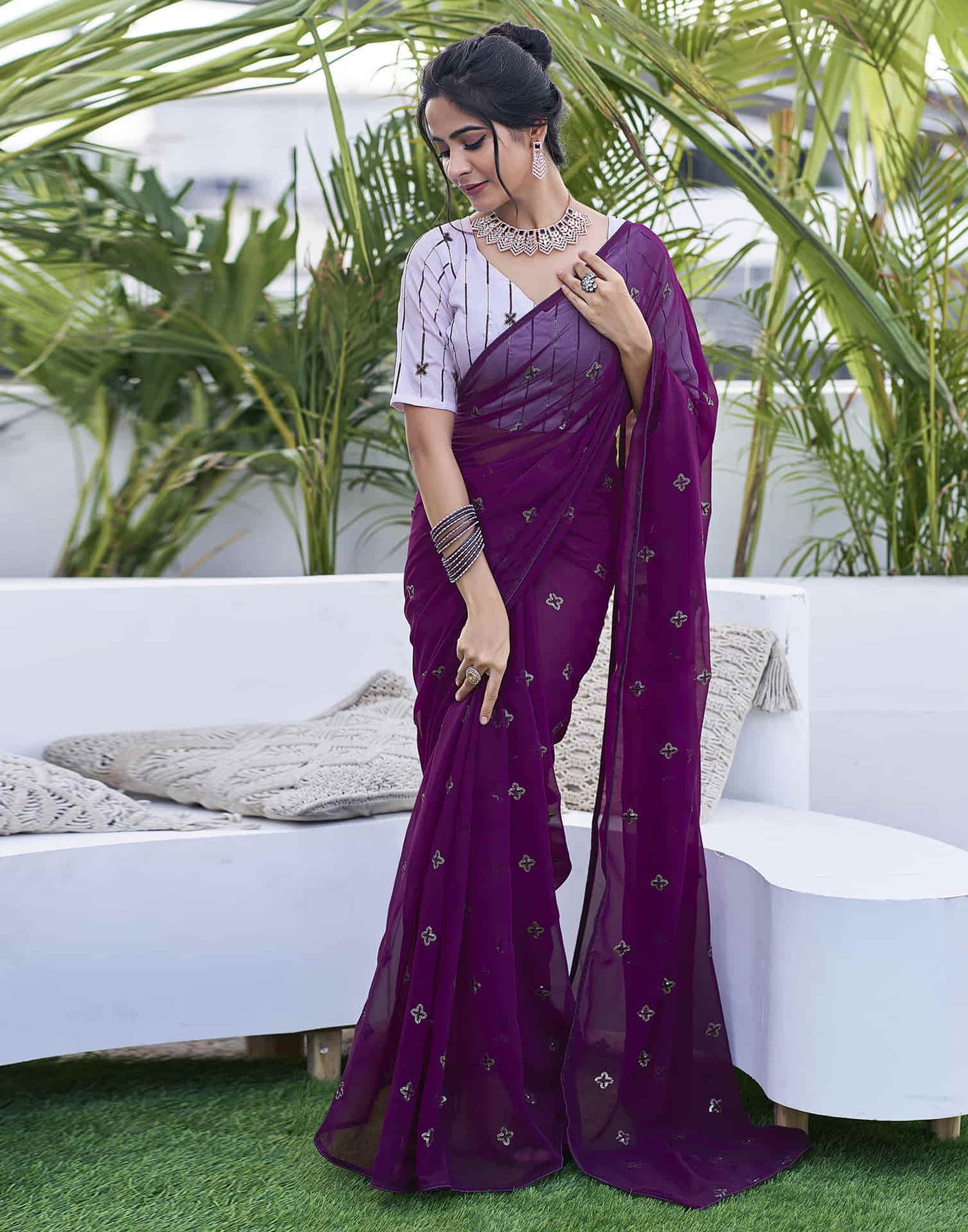 Dark Purple Georgette Sequence Embroidery Saree