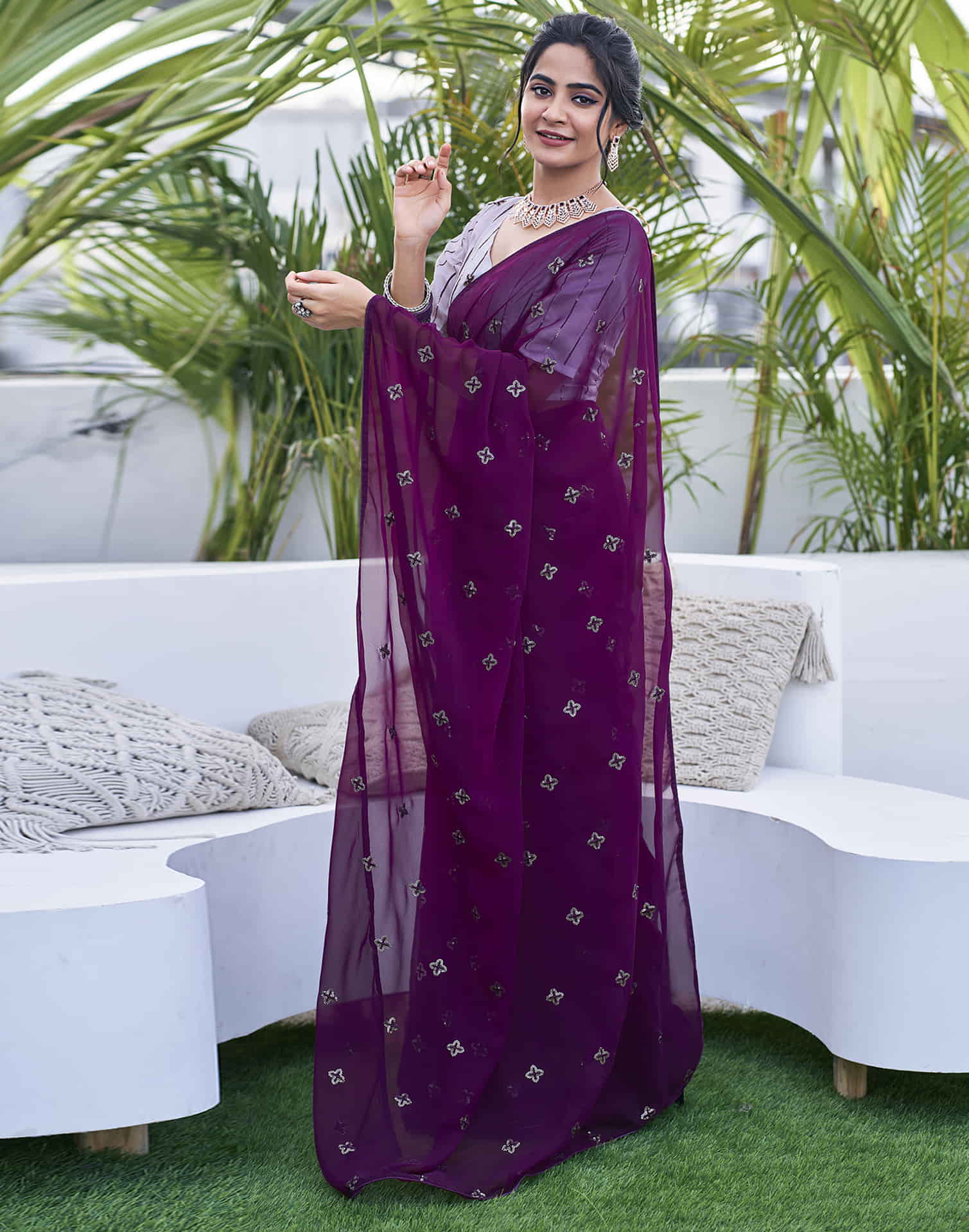 Dark Purple Georgette Sequence Embroidery Saree