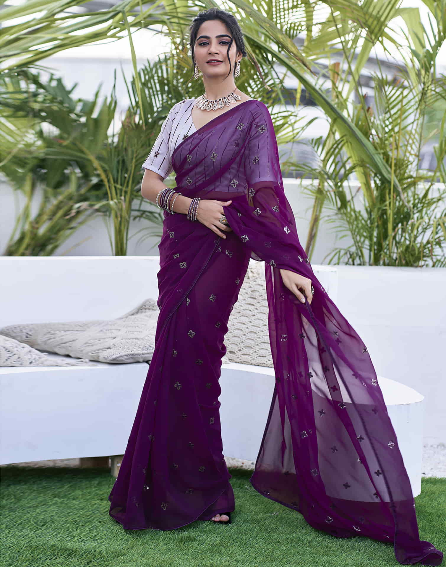 Dark Purple Georgette Sequence Embroidery Saree