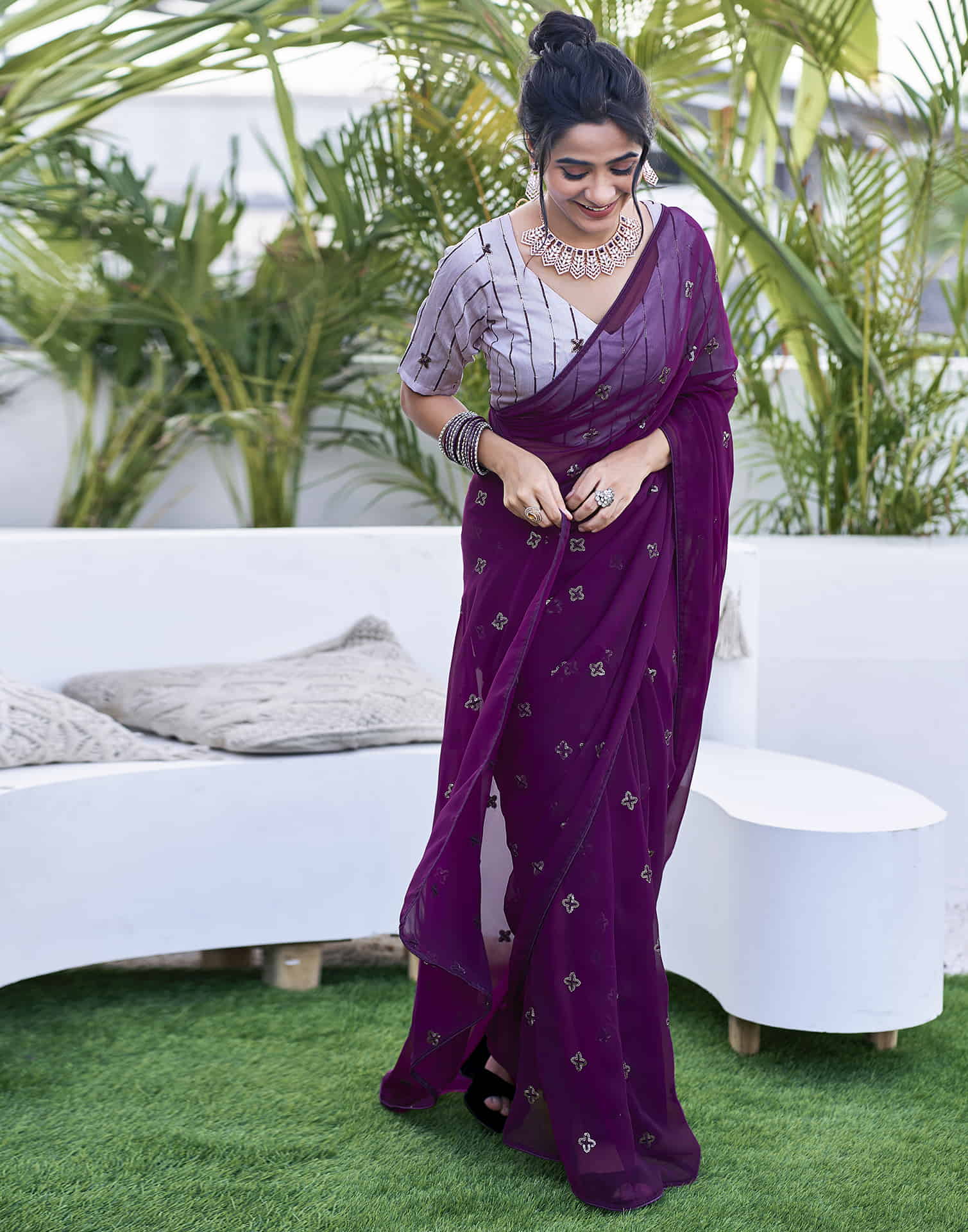 Dark Purple Georgette Sequence Embroidery Saree