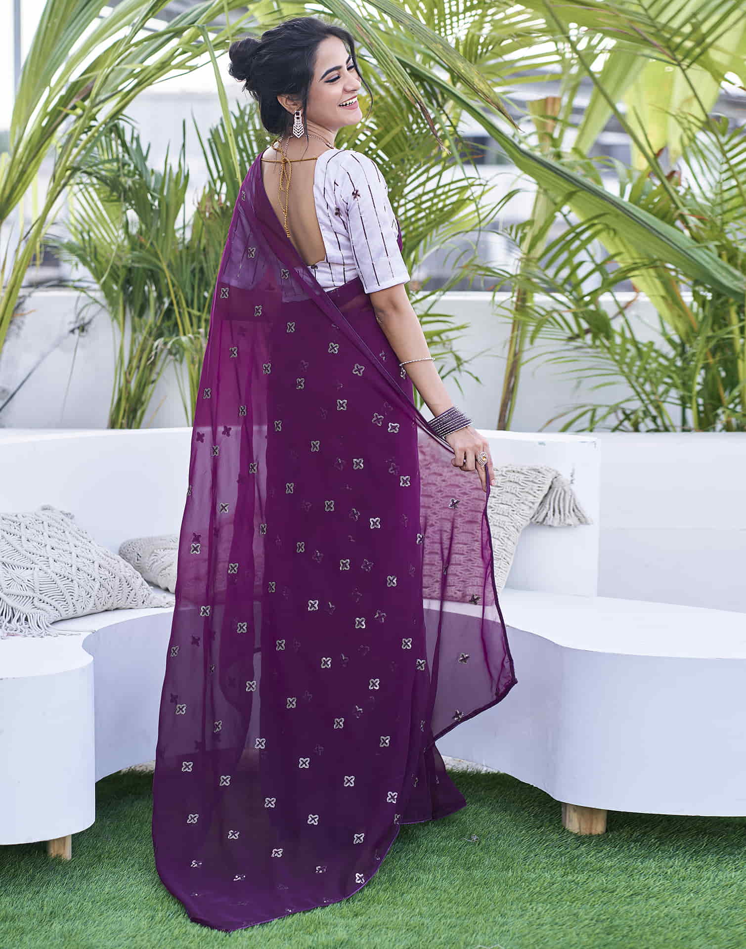 Dark Purple Georgette Sequence Embroidery Saree