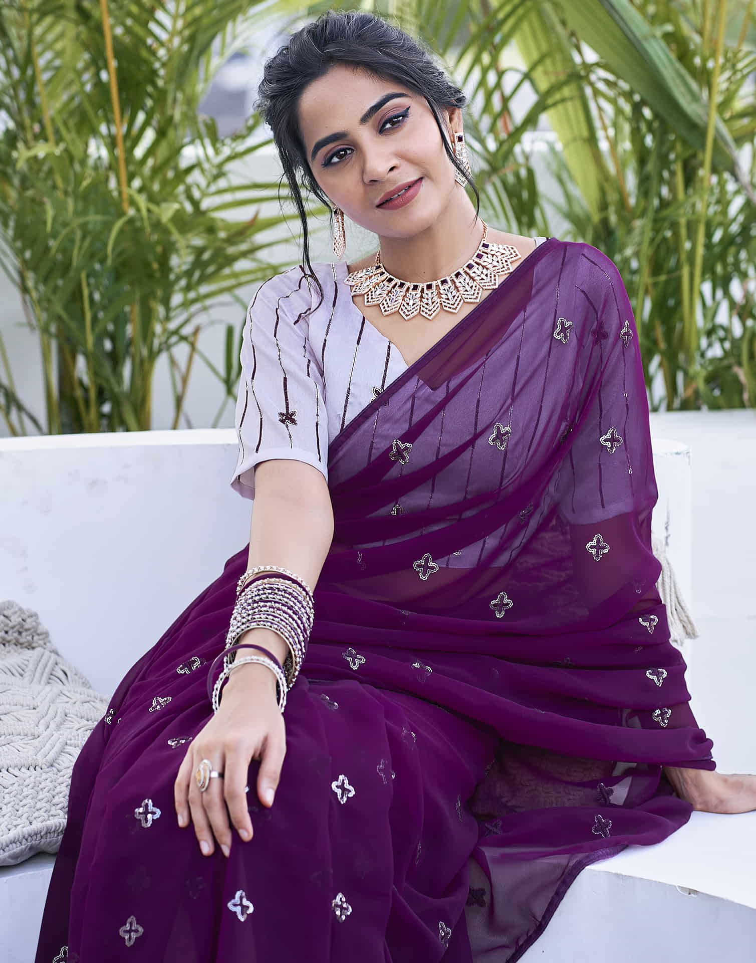 Dark Purple Georgette Sequence Embroidery Saree