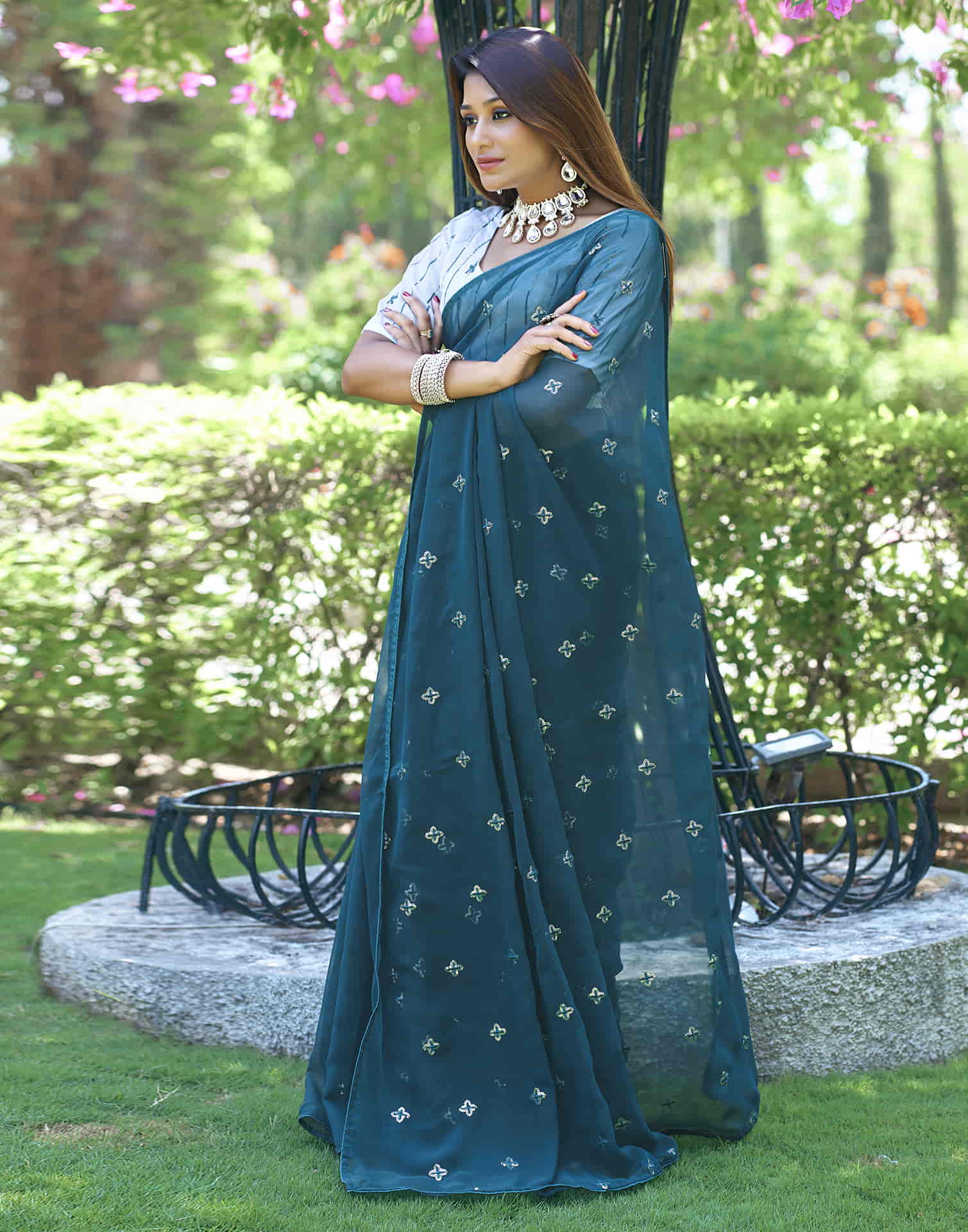 Rama Blue Georgette Sequence Embroidery Saree