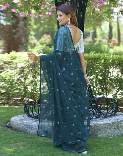 Rama Blue Georgette Sequence Embroidery Saree