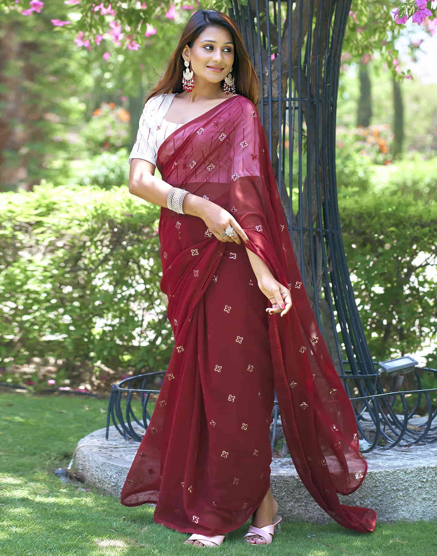 Maroon Georgette Sequence Embroidery Saree