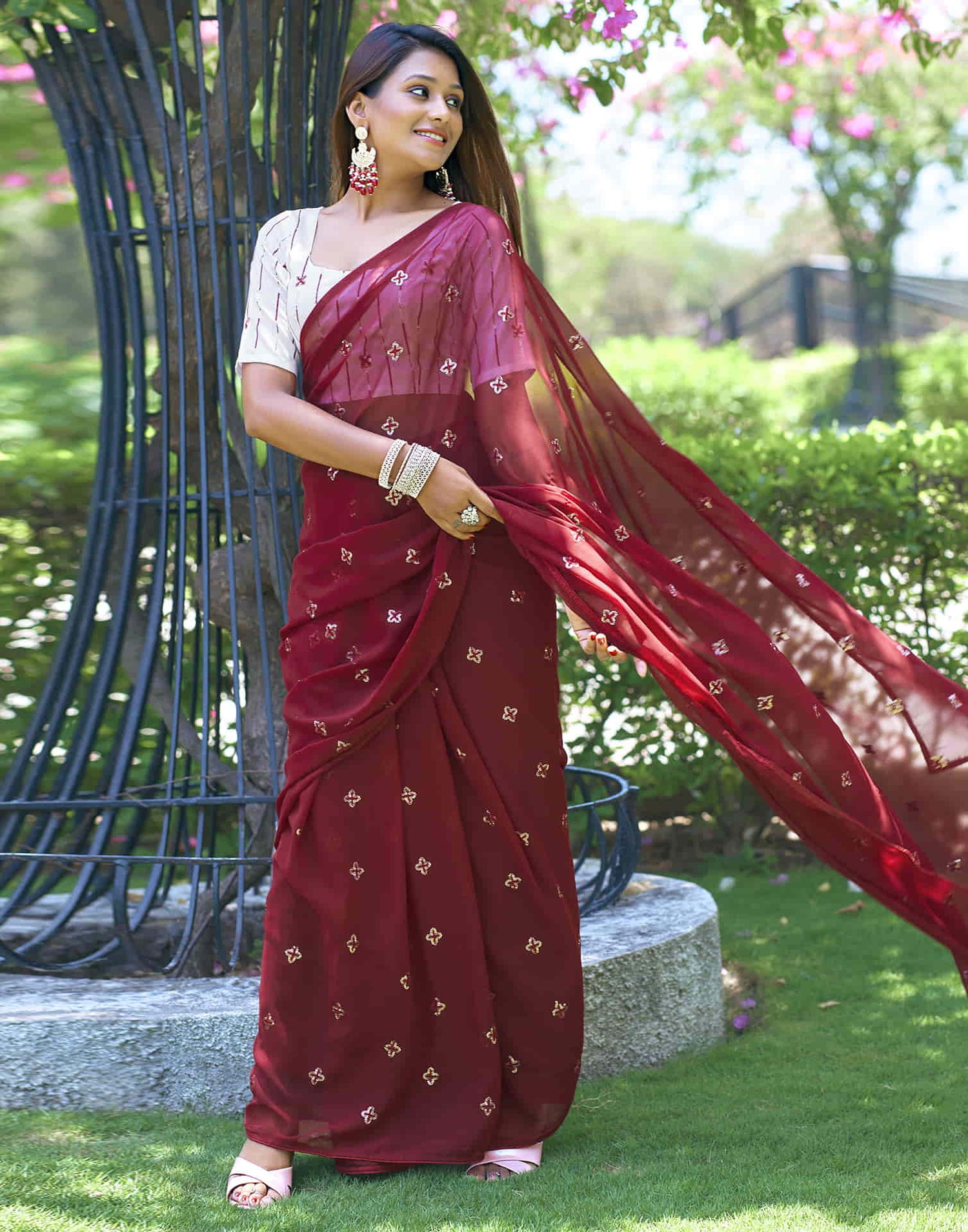 Maroon Georgette Sequence Embroidery Saree