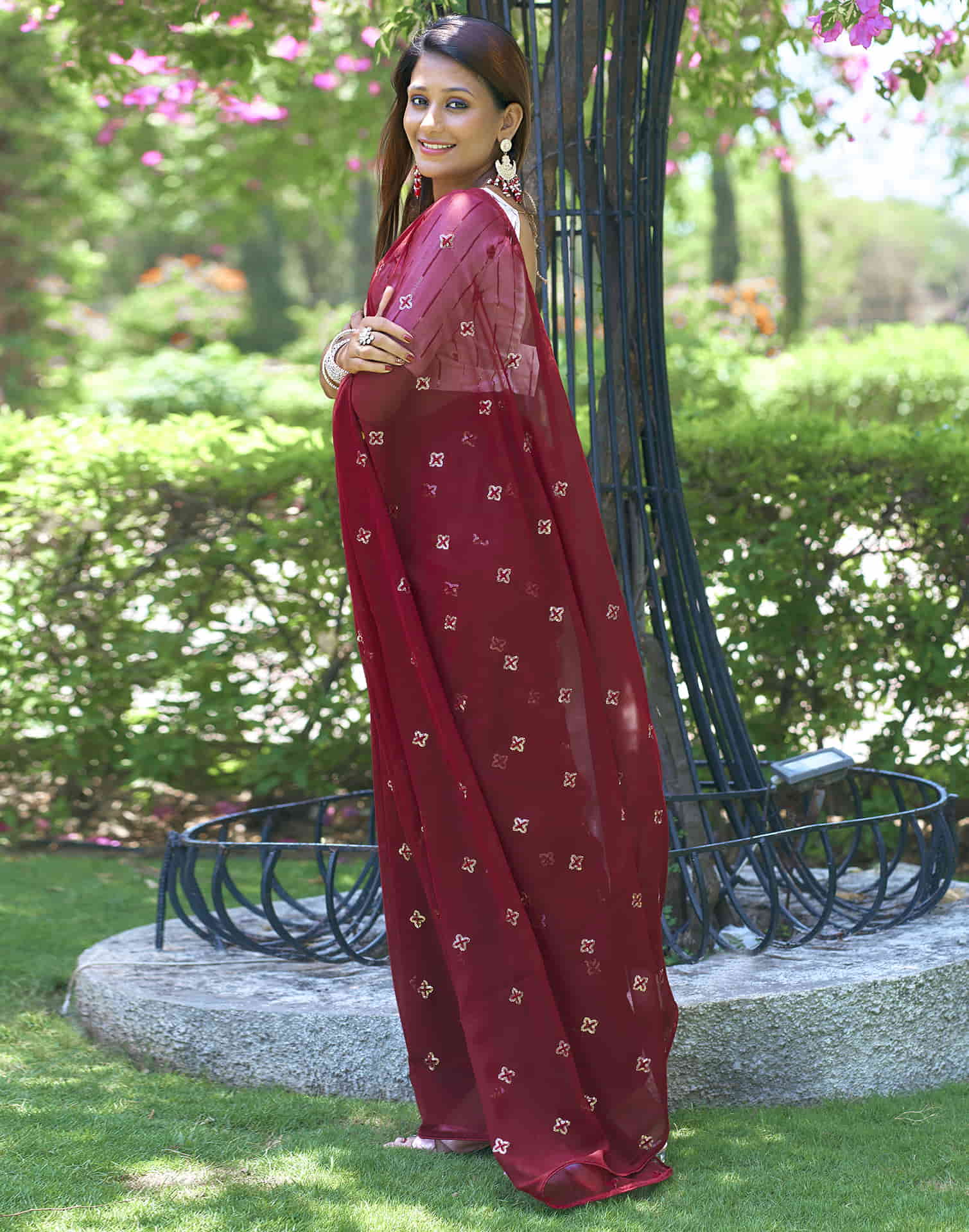 Maroon Georgette Sequence Embroidery Saree