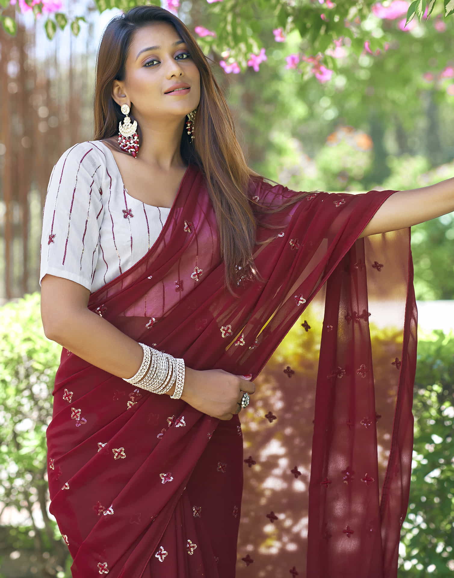 Maroon Georgette Sequence Embroidery Saree