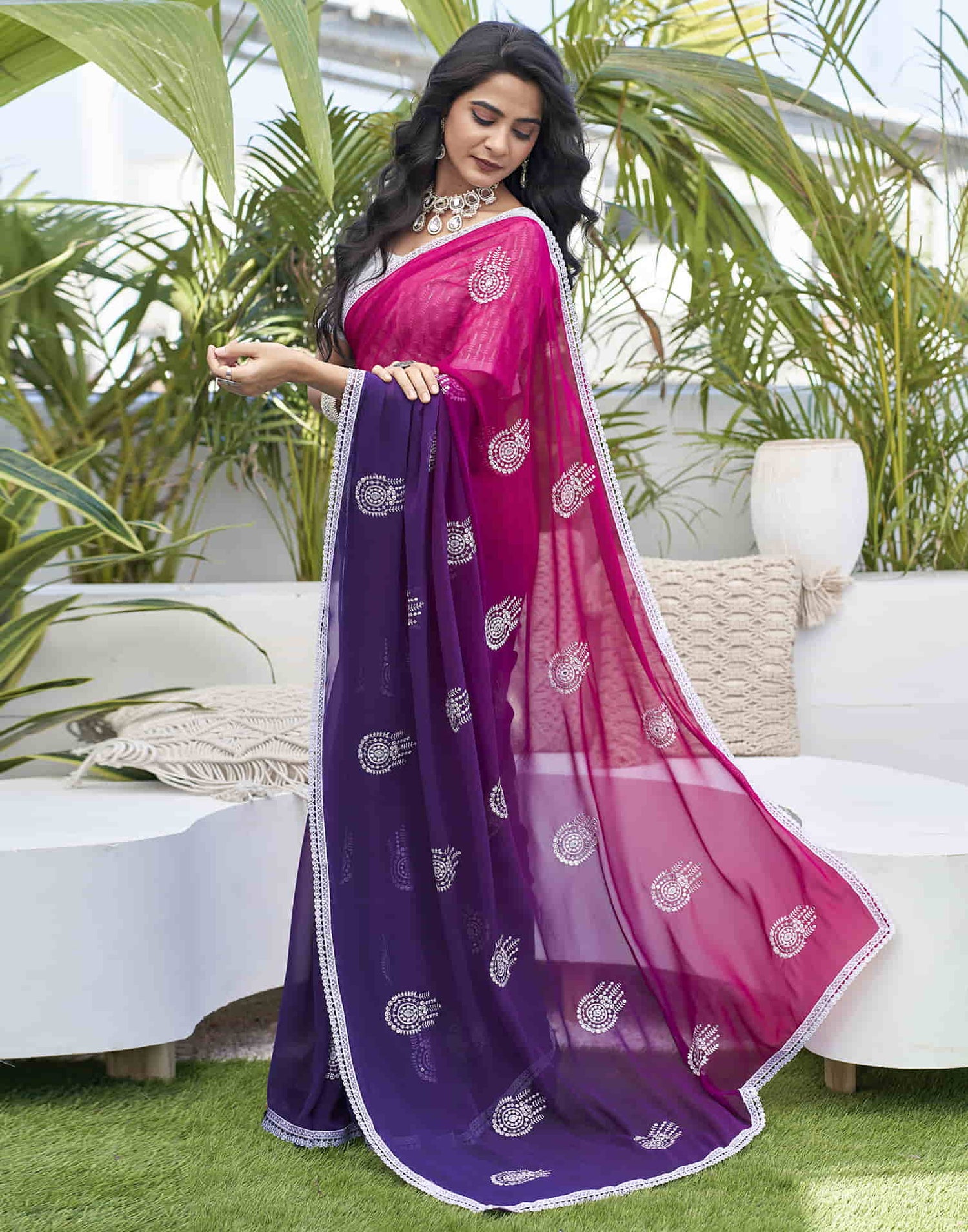 Violet Georgette Sequence Swarovski Saree