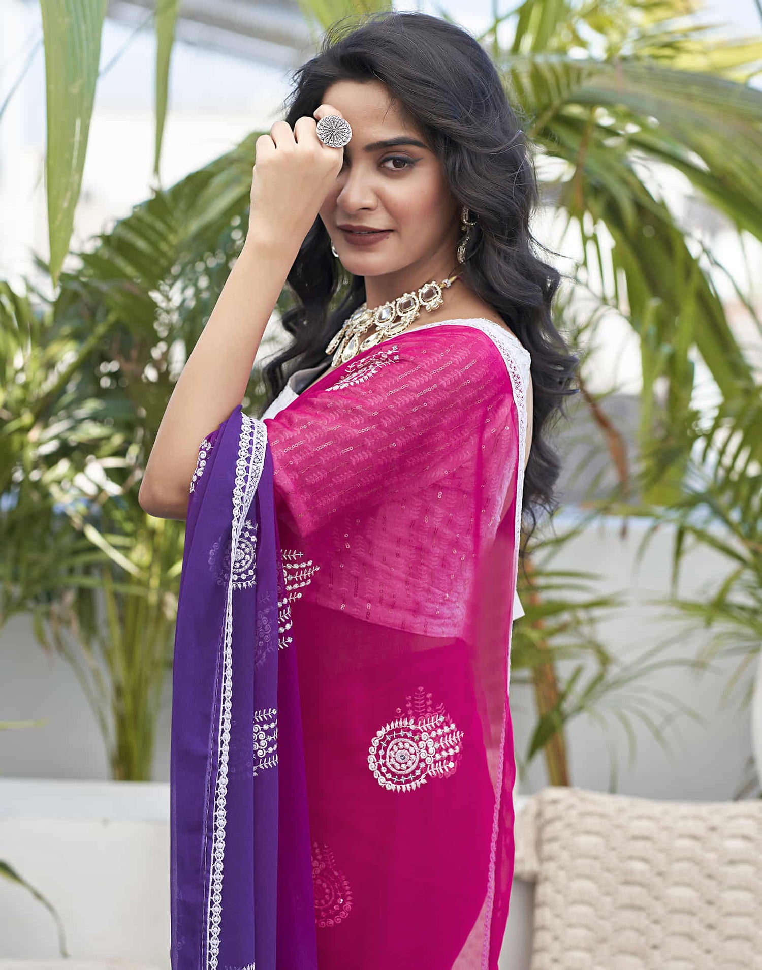 Violet Georgette Sequence Swarovski Saree