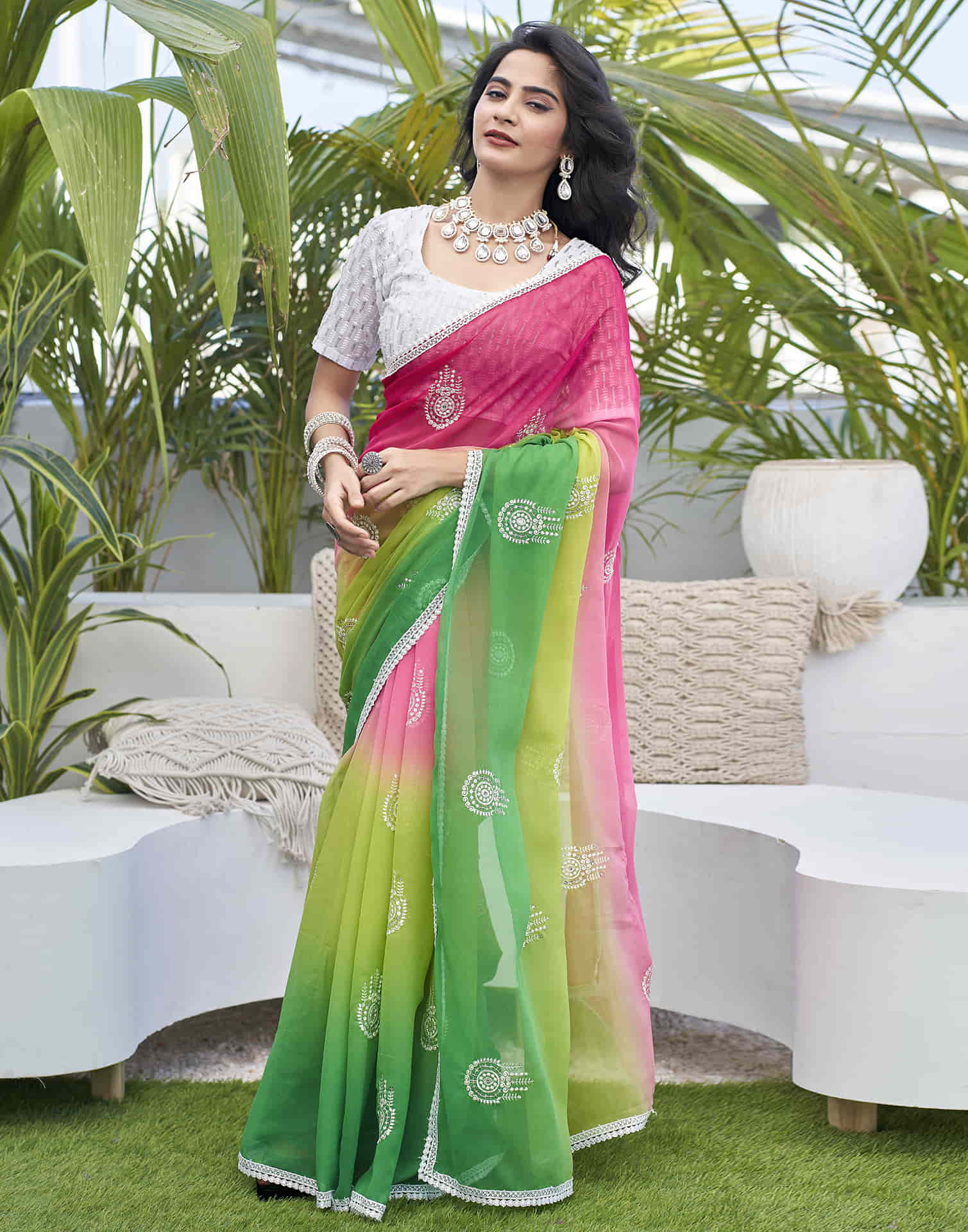 Pink Georgette Sequence Swarovski Saree