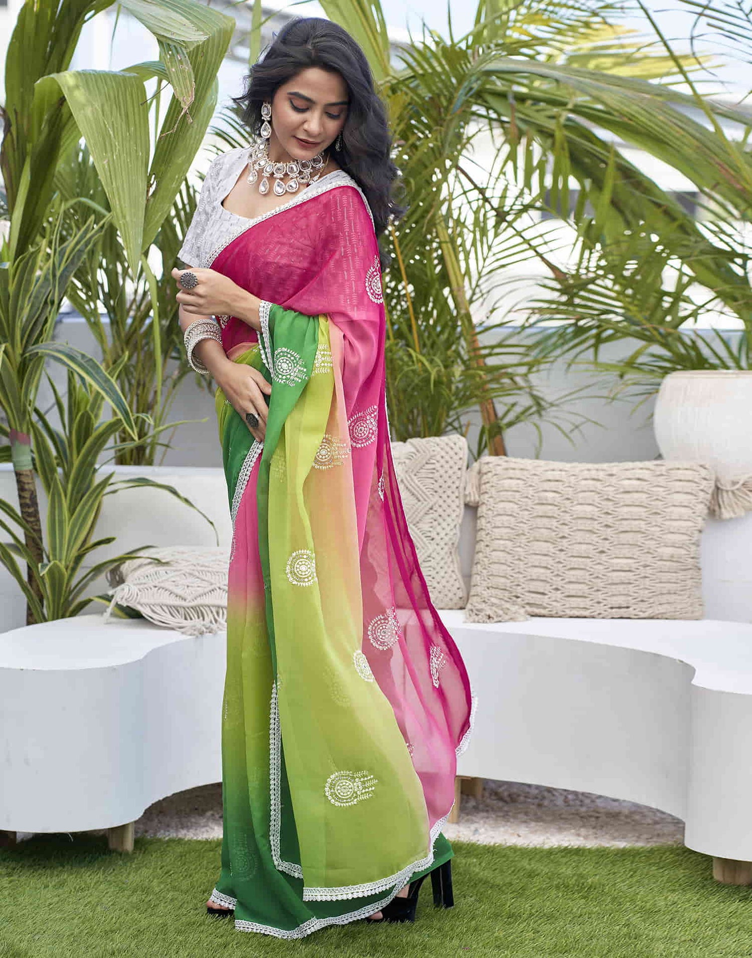 Pink Georgette Sequence Swarovski Saree