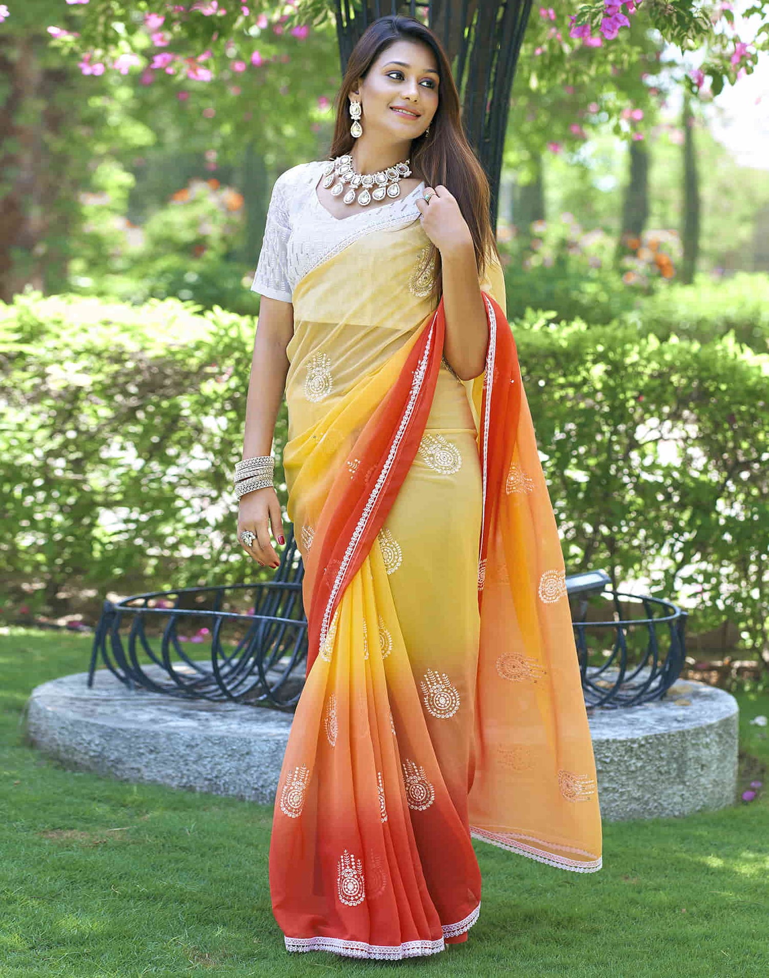 Orange Georgette Sequence Swarovski Saree